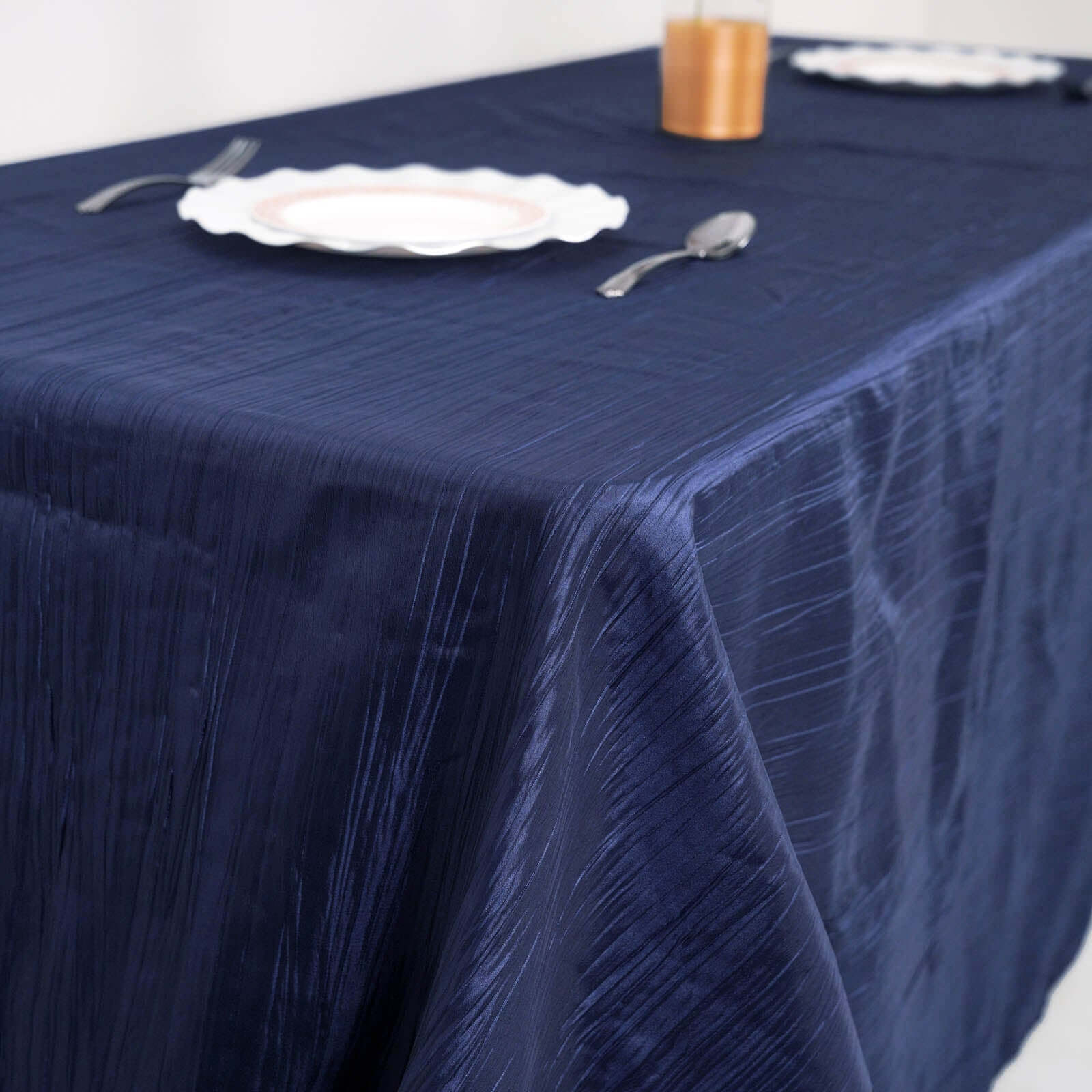 Taffeta 90x132 Rectangle Tablecloth Navy Blue - Seamless Accordion Crinkle Table Cover