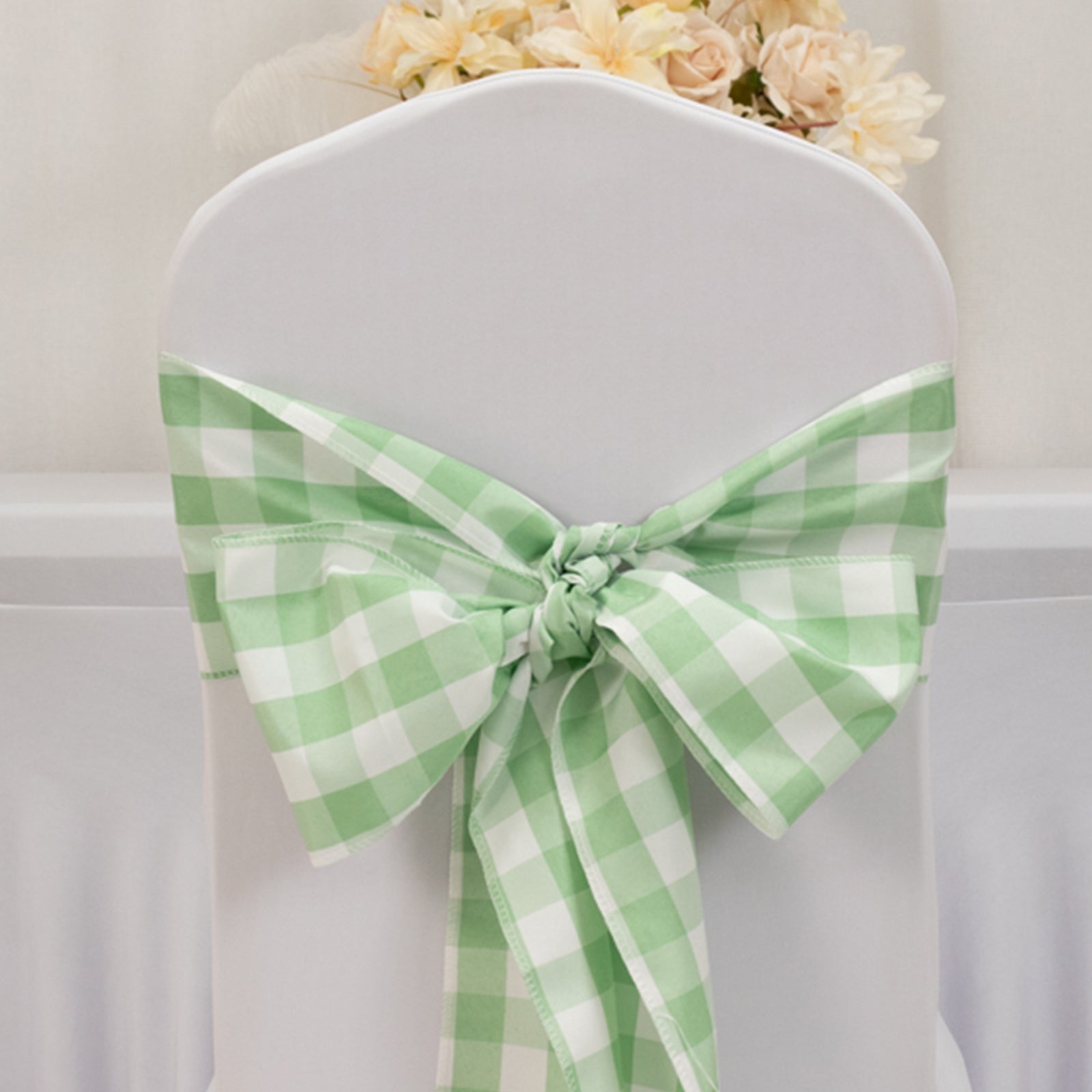 5 Pack Polyester Chair Sashes Sage Green/White Buffalo Plaid - Durable & Reusable Chair Bows 6x108