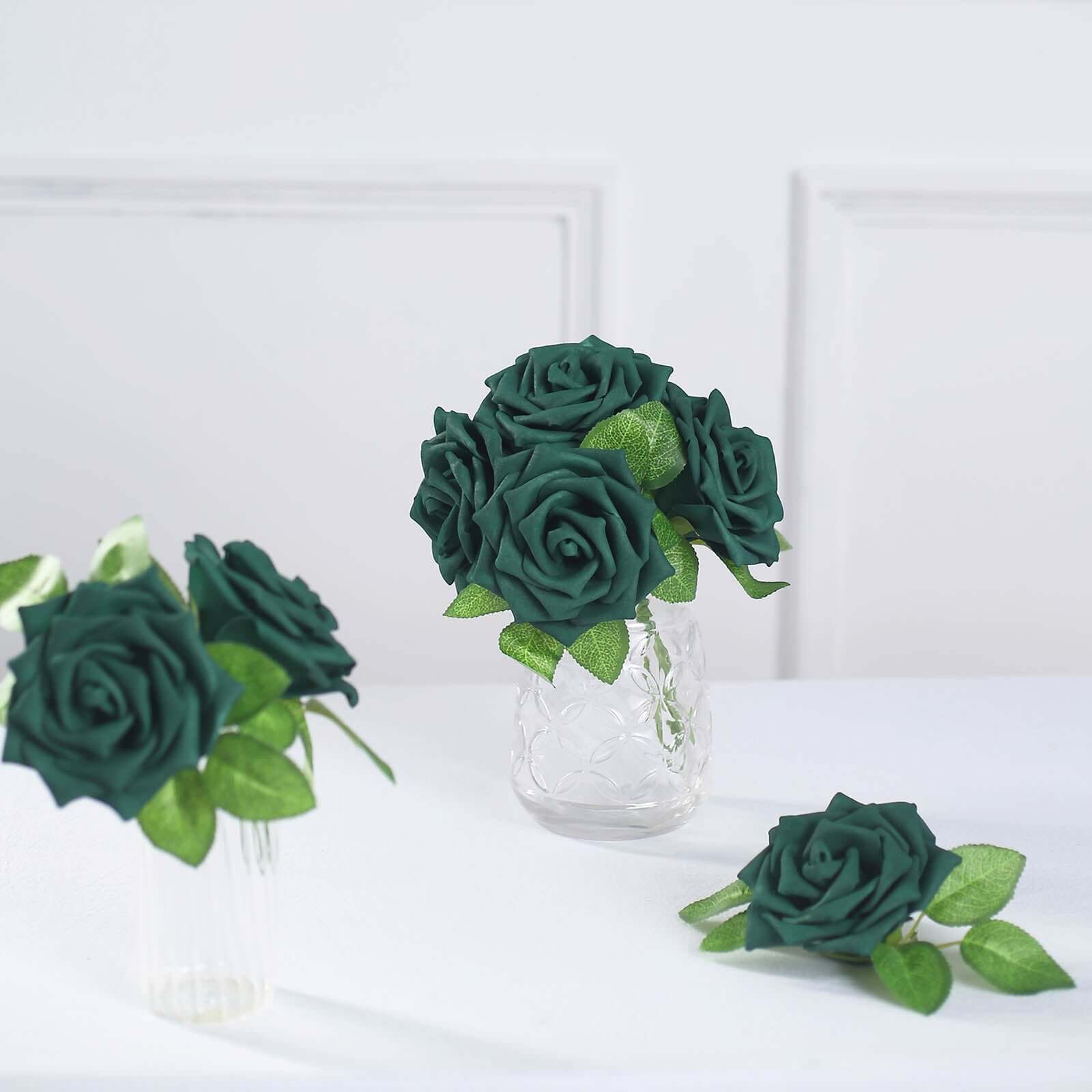 24 Roses 5 Hunter Emerald Green Artificial Foam Flowers With Stem Wire and Leaves