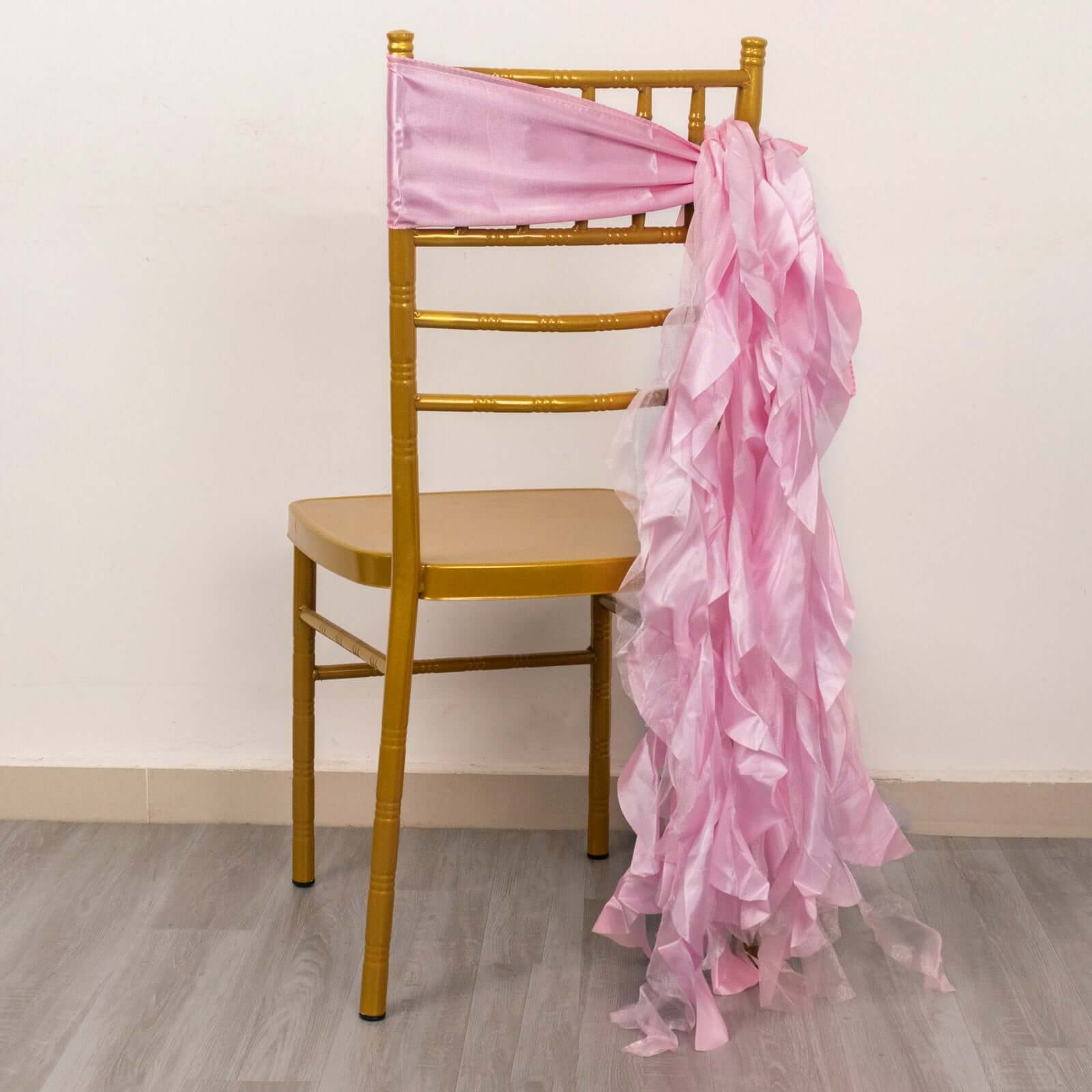 5 Pack Chiffon Satin Chair Sashes Pink - Easy to Install Ruffled Curly Willow