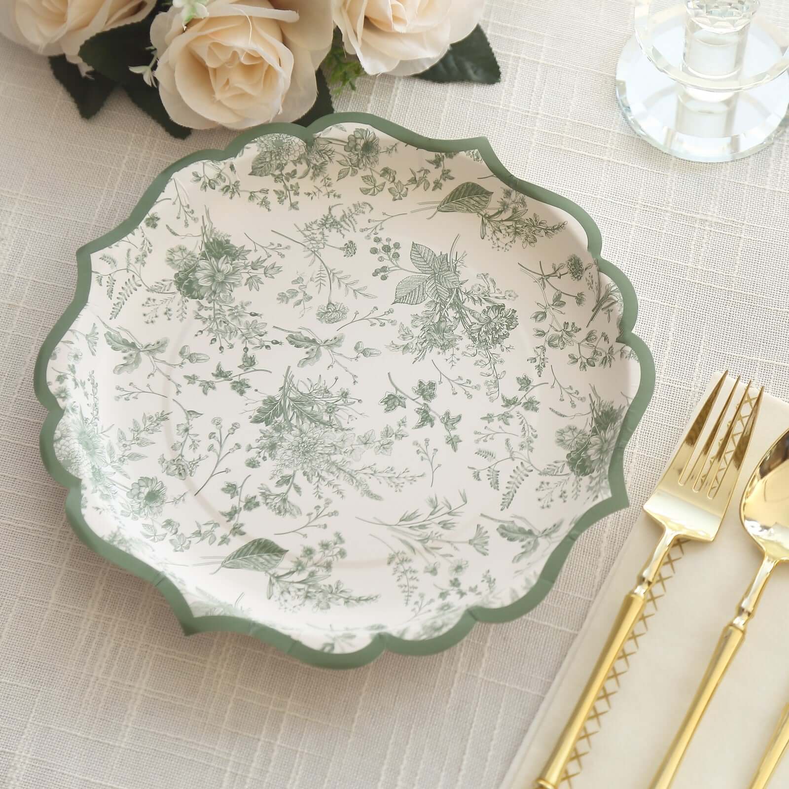 25-Pack Paper 10 Round Dinner Plates in White with Sage Green French Toile Design & Scalloped Rim - Disposable 300GSM Party Plates for Classy Events & Special Occasions