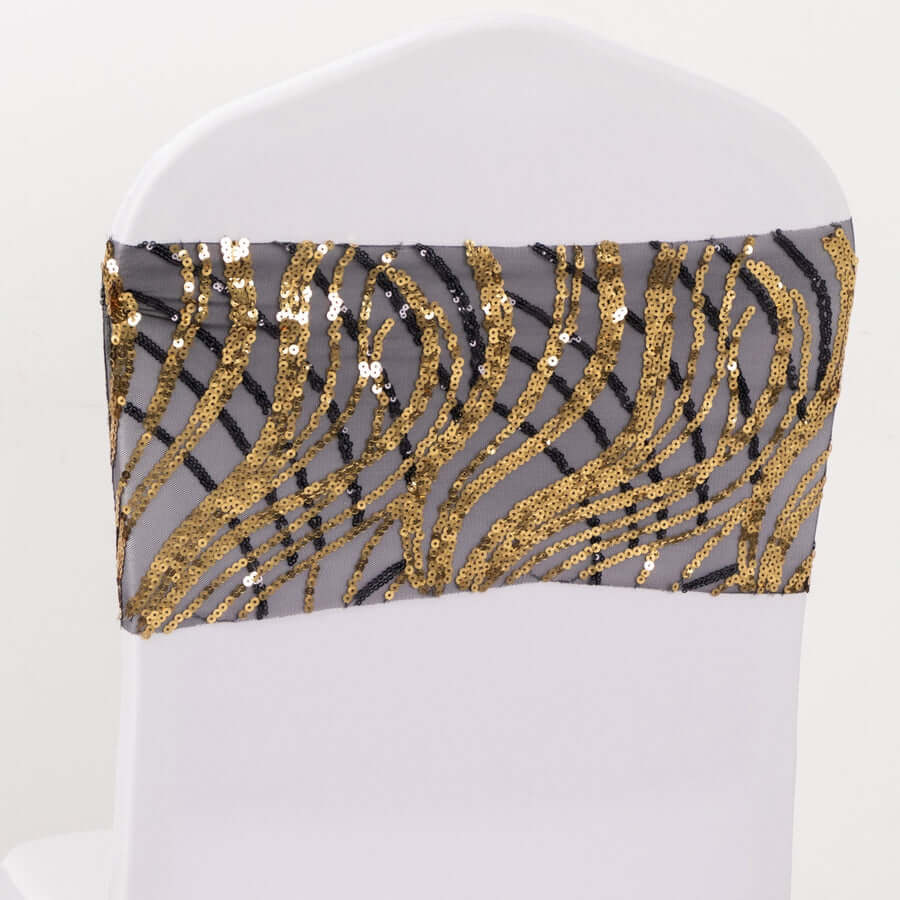 5 Pack Chair Sash Bands with Wave Embroidered Sequins Black/Gold