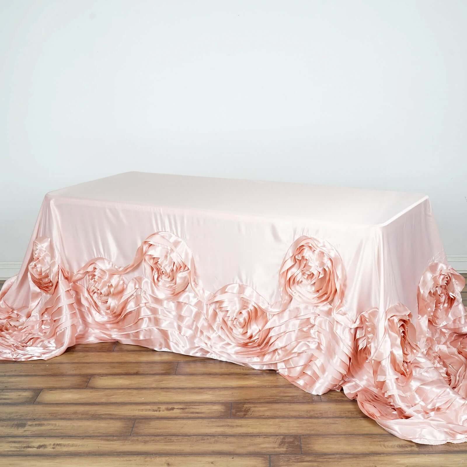 90x156 Blush Seamless Large Rosette Rectangular Satin Tablecloth for 8 Foot Table With Floor-Length Drop