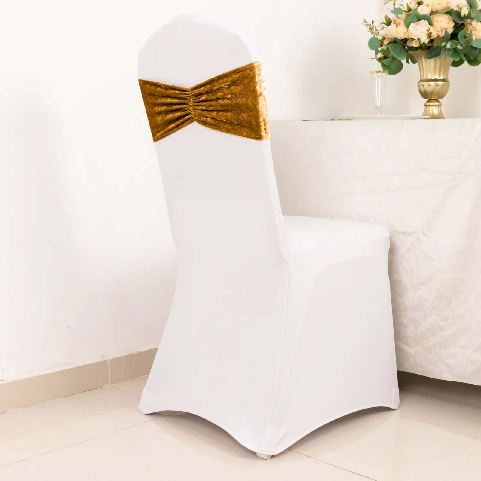 5 Pack Premium Crushed Velvet Chair Sashes Gold Ruffle Style - Wrinkle-Free Textured Stretch Chair Bands for Stunning Event Decor