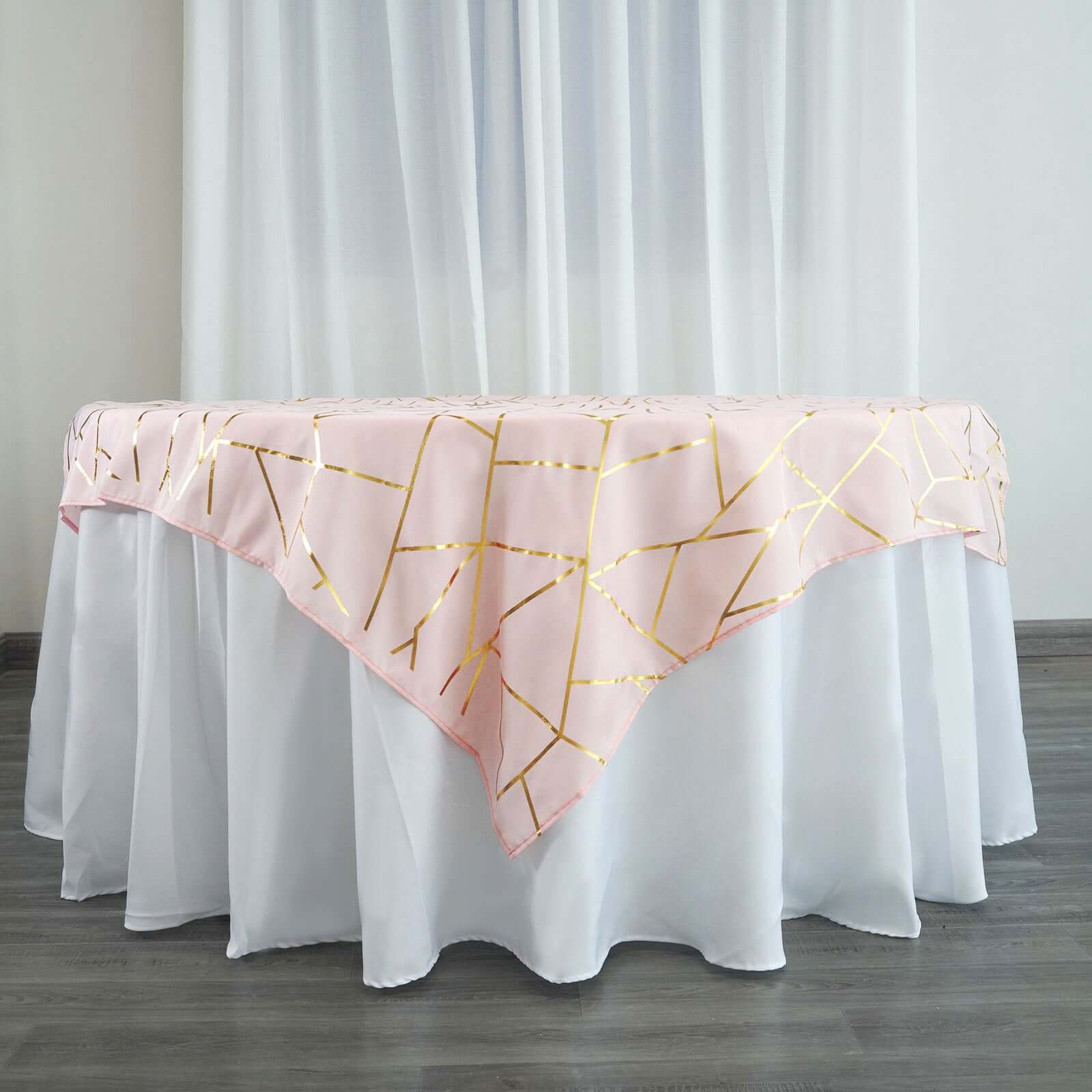 Polyester 54x54 Table Overlay Square Tablecloth Blush with Gold Foil Geometric Pattern - Wrinkle-Resistant & Durable Table Topper