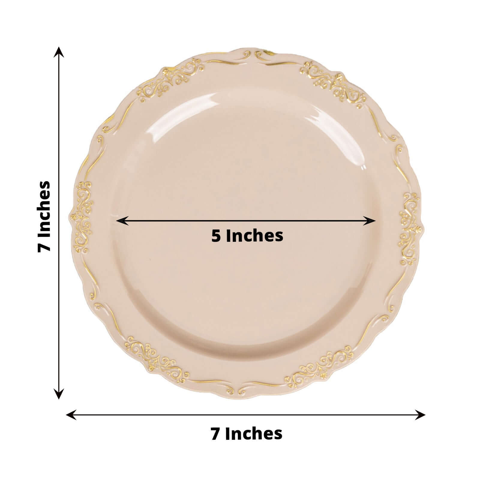 10-Pack Plastic 7 Round Dessert Plates in Taupe with Gold Vintage Embossed Rim - Sturdy Disposable Scalloped Edge Salad Plates