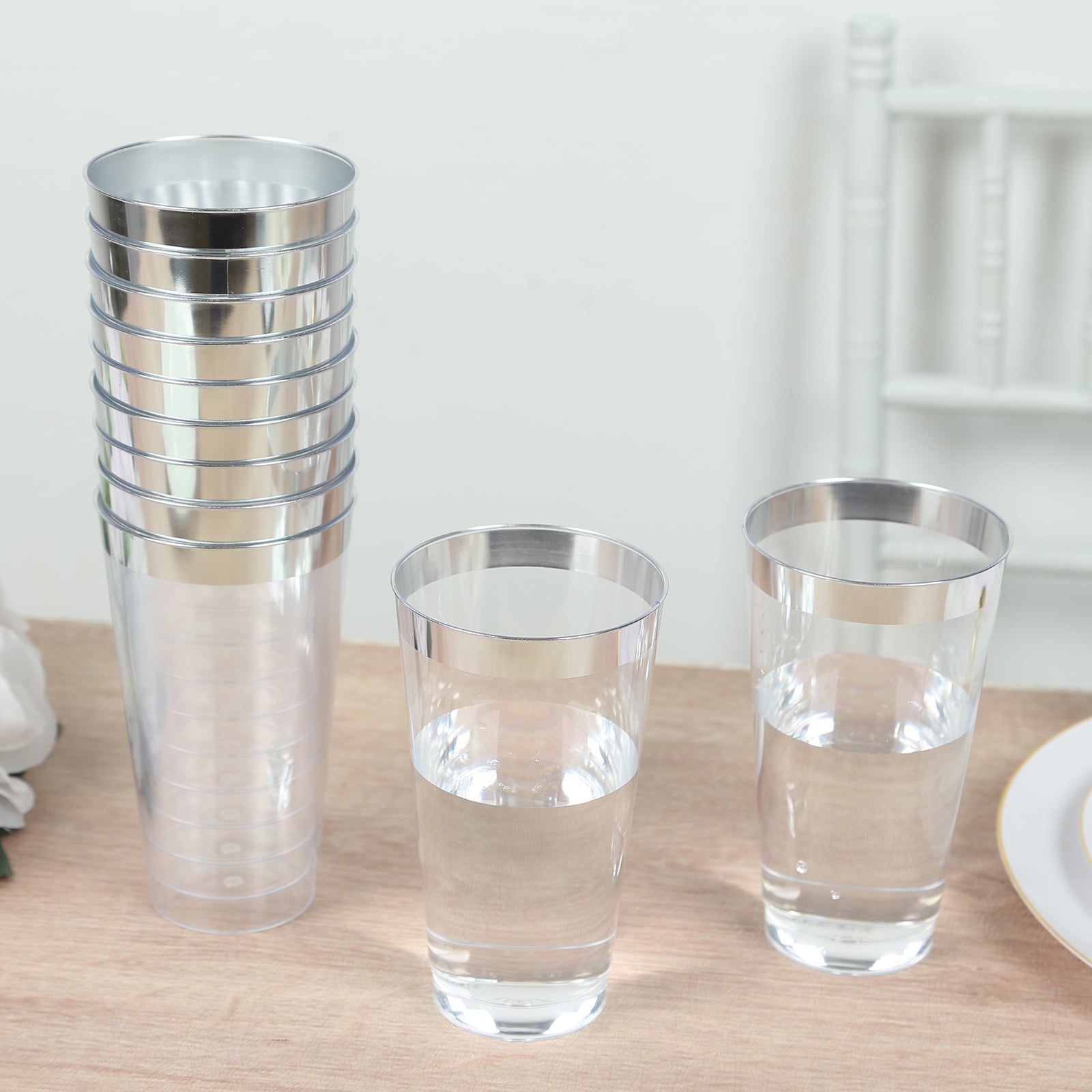 12-Pack Plastic Party Cups Clear with Silver Rim - Durable Disposable Tumblers for Drinks 17oz 5.5