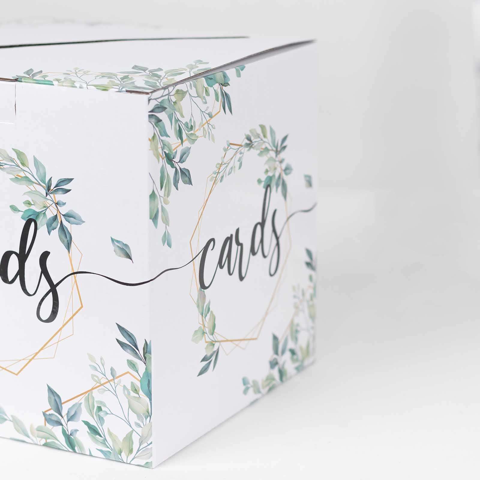 Greenery Theme Wedding Reception Gift Card Box with Geometric Gold Foil Print, Collapsible Money Card Box - 8x8