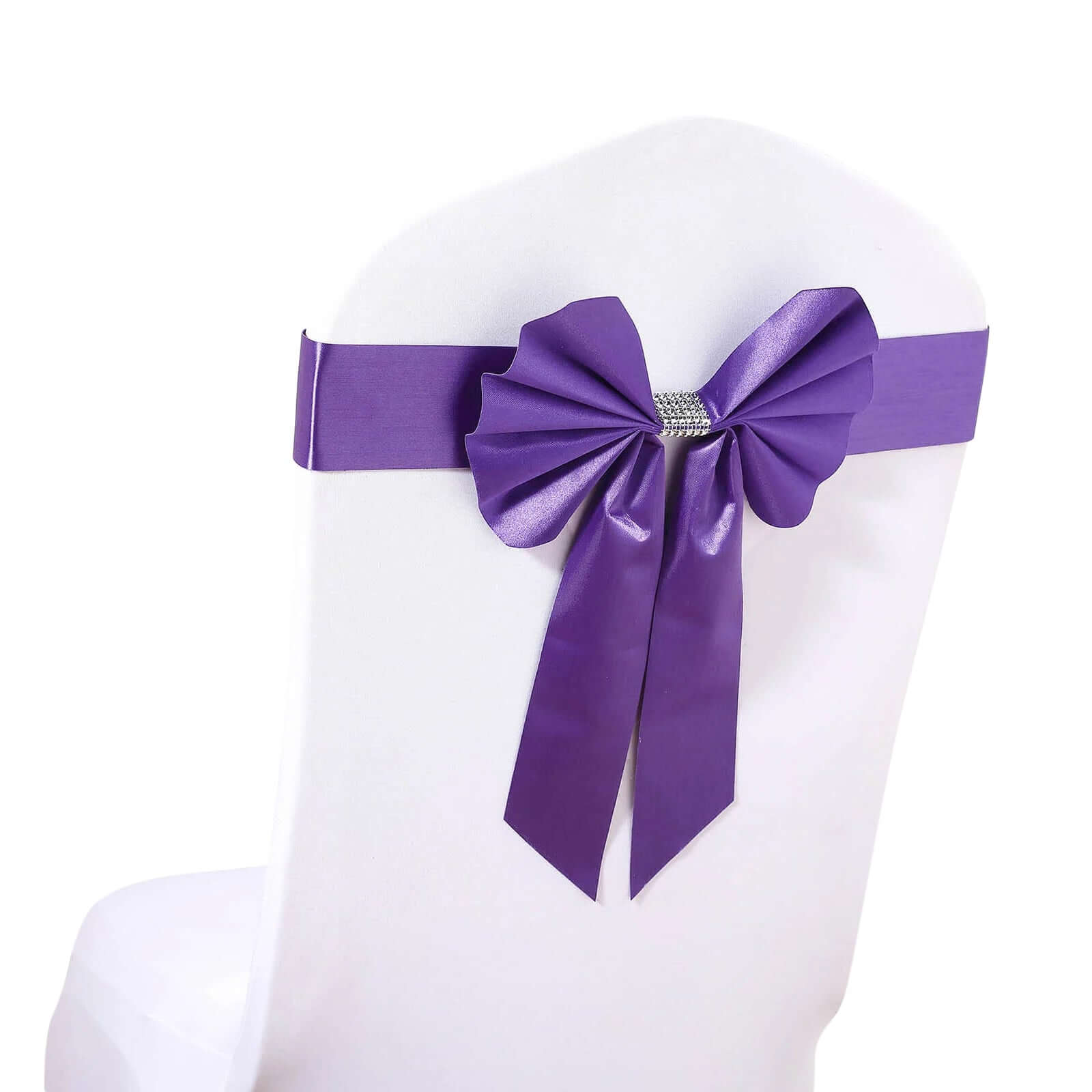 5 Pack Satin Faux Leather Chair Sashes Purple - Durable Double Sided Pre-tied Bow Tie Chair Bands with Diamond Rhinestone Buckles