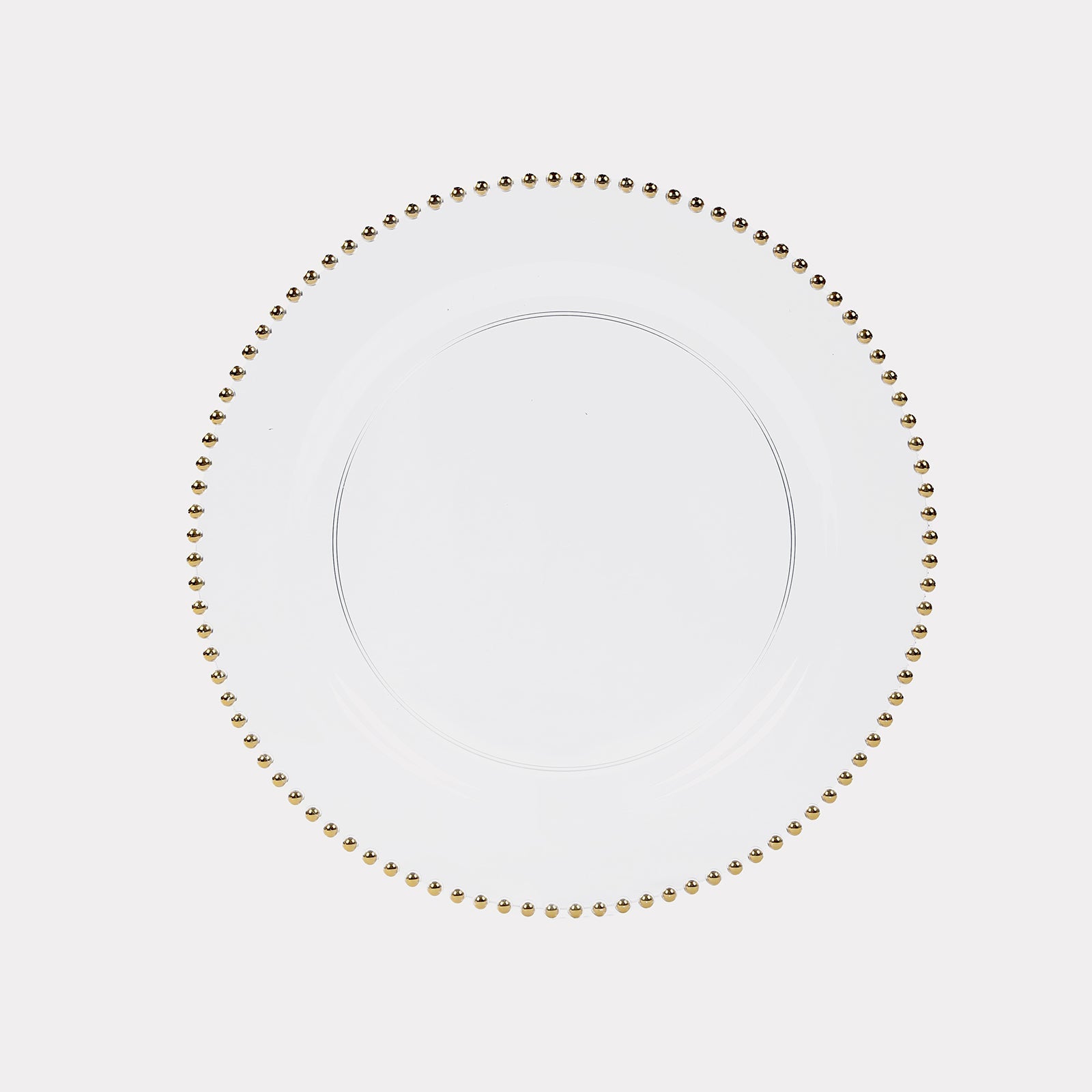 10-Pack Economy Round Plastic Charger Plates 13 in Clear with Gold Beaded Rim, Stylish Dinner Party Serving Plates