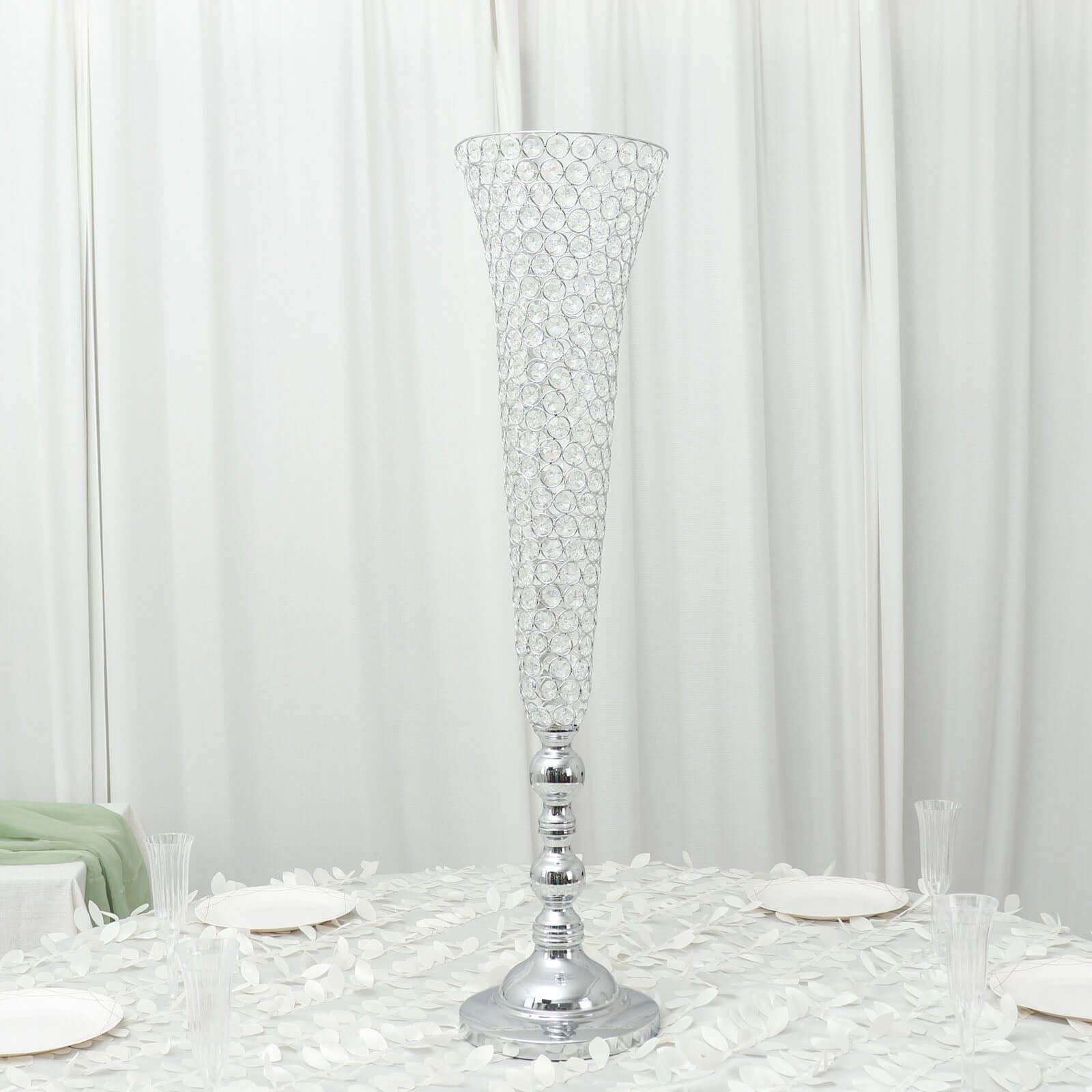 2-Pack Crystal Beaded Trumpet Vase Set Silver - Table Centerpiece for Grand Occasions 40