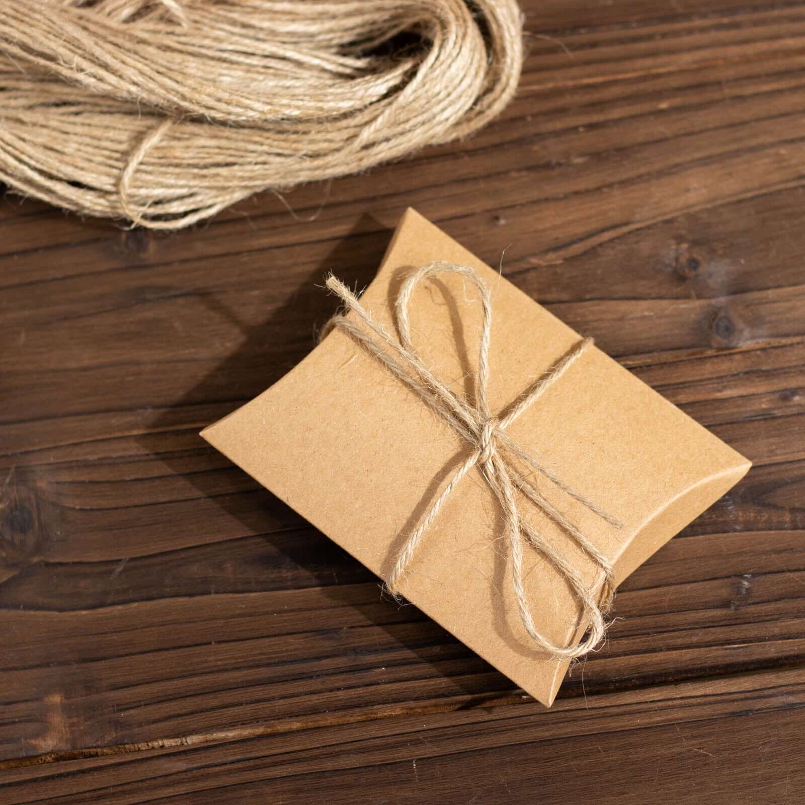 50 Pack 4.5x3.5 Natural Brown Paper Wedding Favor Pillow Boxes with Burlap Twine, Party Gift Boxes