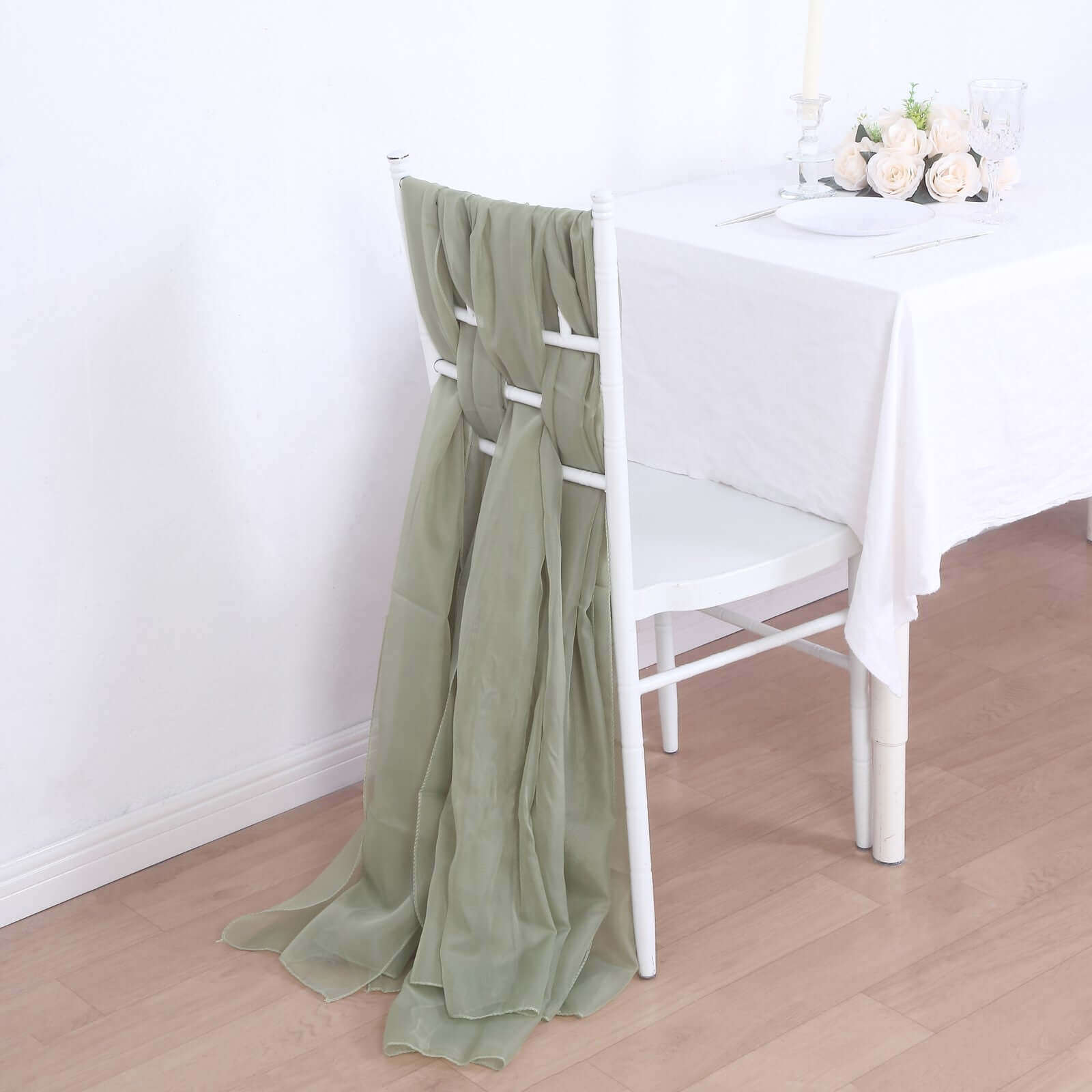 5 Pack Premium Chiffon Chair Sashes Dusty Sage Green - Soft & Lightweight Designer Chair Bows 22x78