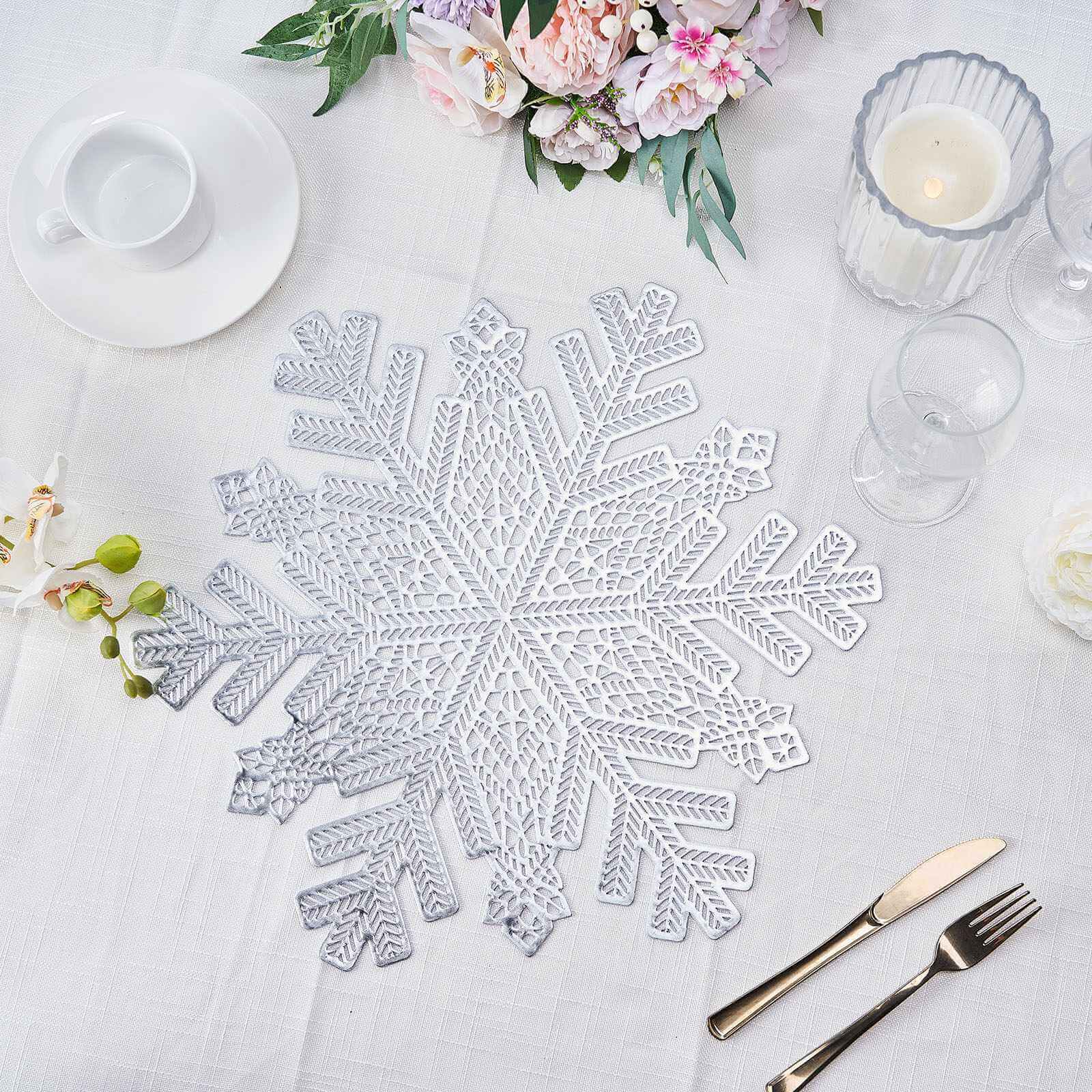 6-Pack Dining Table Mats Snowflake Design Silver - Vinyl Non-Slip Surface for Winter Decor 18