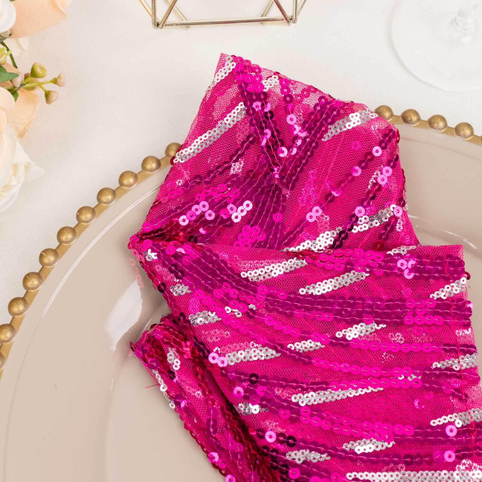 Sequin Mesh 20x20 Napkin Fuchsia Silver - Wave Embroidered Reusable Napkin