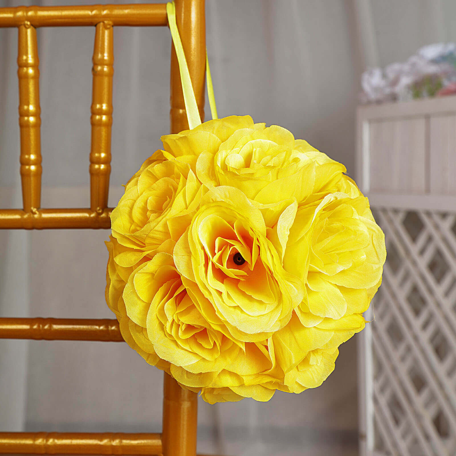 2 Pack 7 Yellow Artificial Silk Rose Kissing Ball, Faux Flower Ball