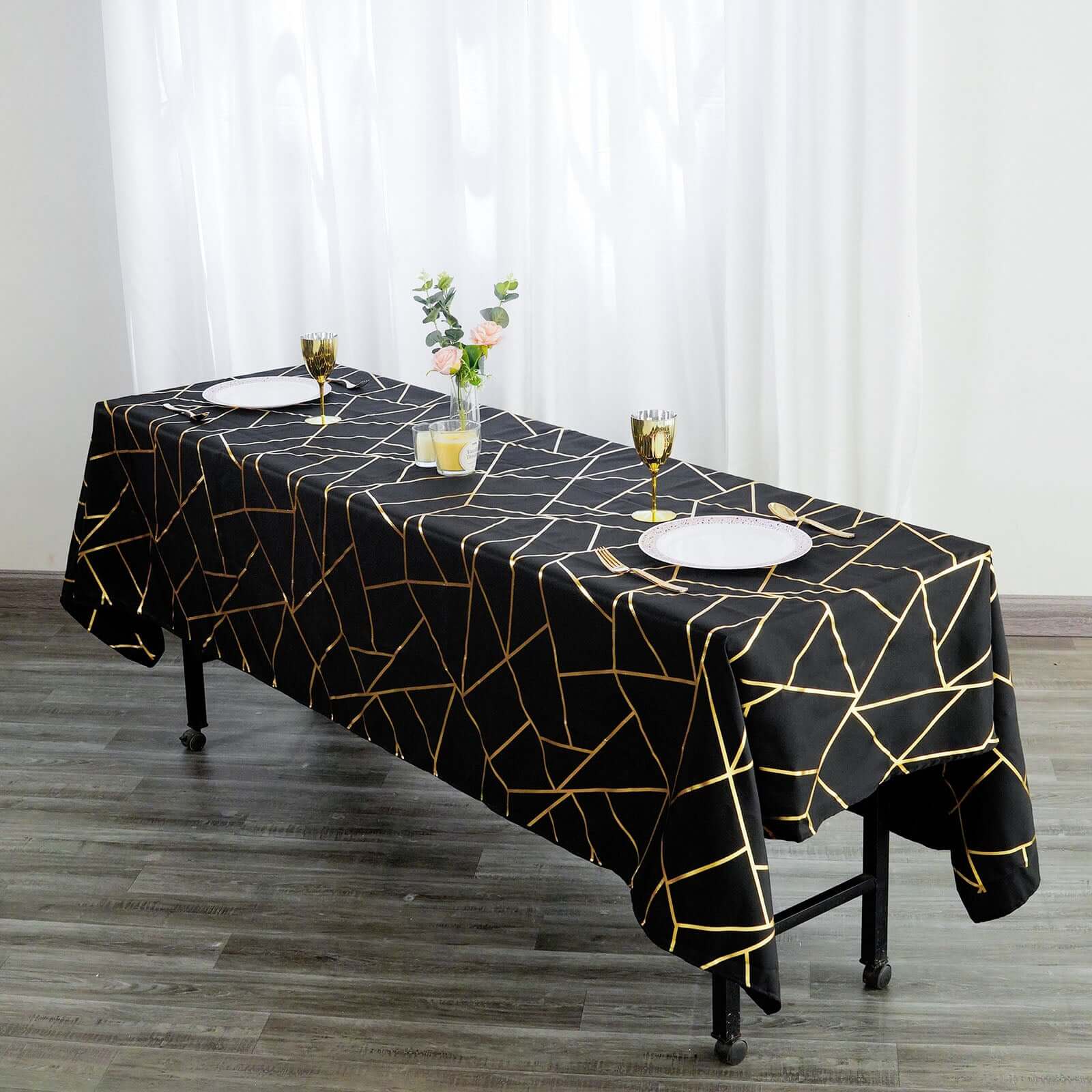 Polyester 60x102 Rectangle Tablecloth Black with Gold Foil Geometric Pattern - Wrinkle-Resistant & Durable Table Cover