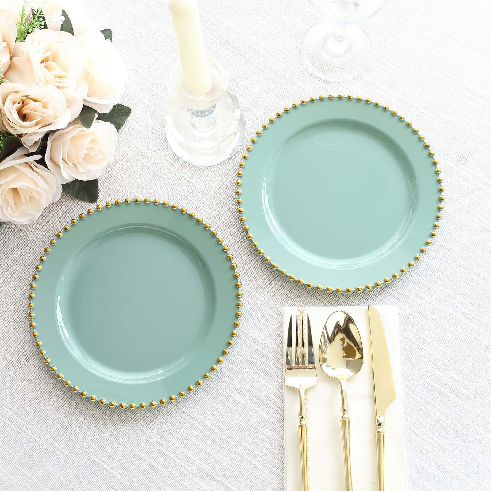 10-Pack Plastic 8 Round Appetizer Dessert Plates in Dusty Sage Green with Gold Beaded Rim - Disposable Salad Plates