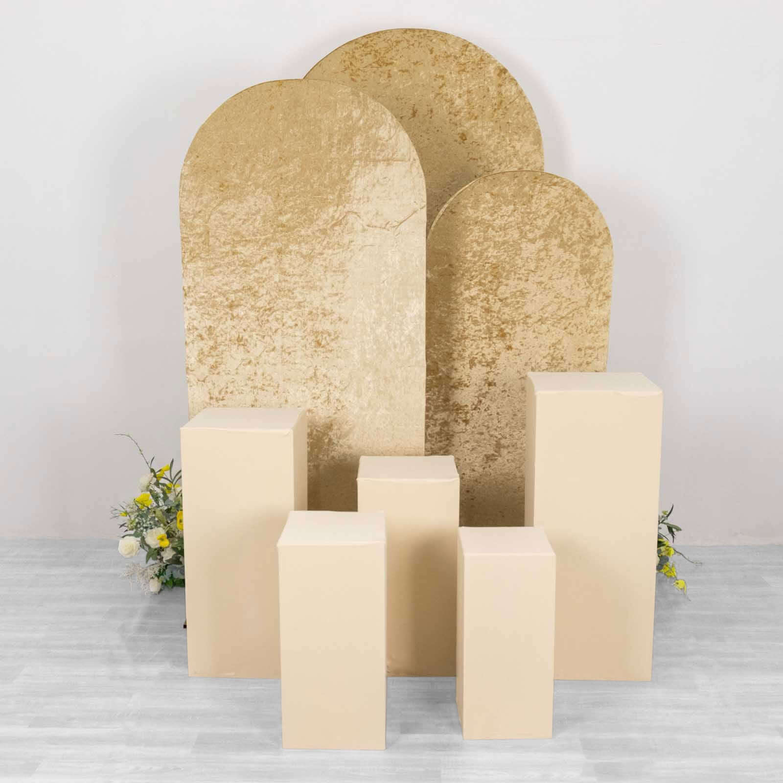 Set of 5 Beige Spandex Rectangle Pedestal Stand Covers, Stretchable Pillar Prop Covers - 160 GSM