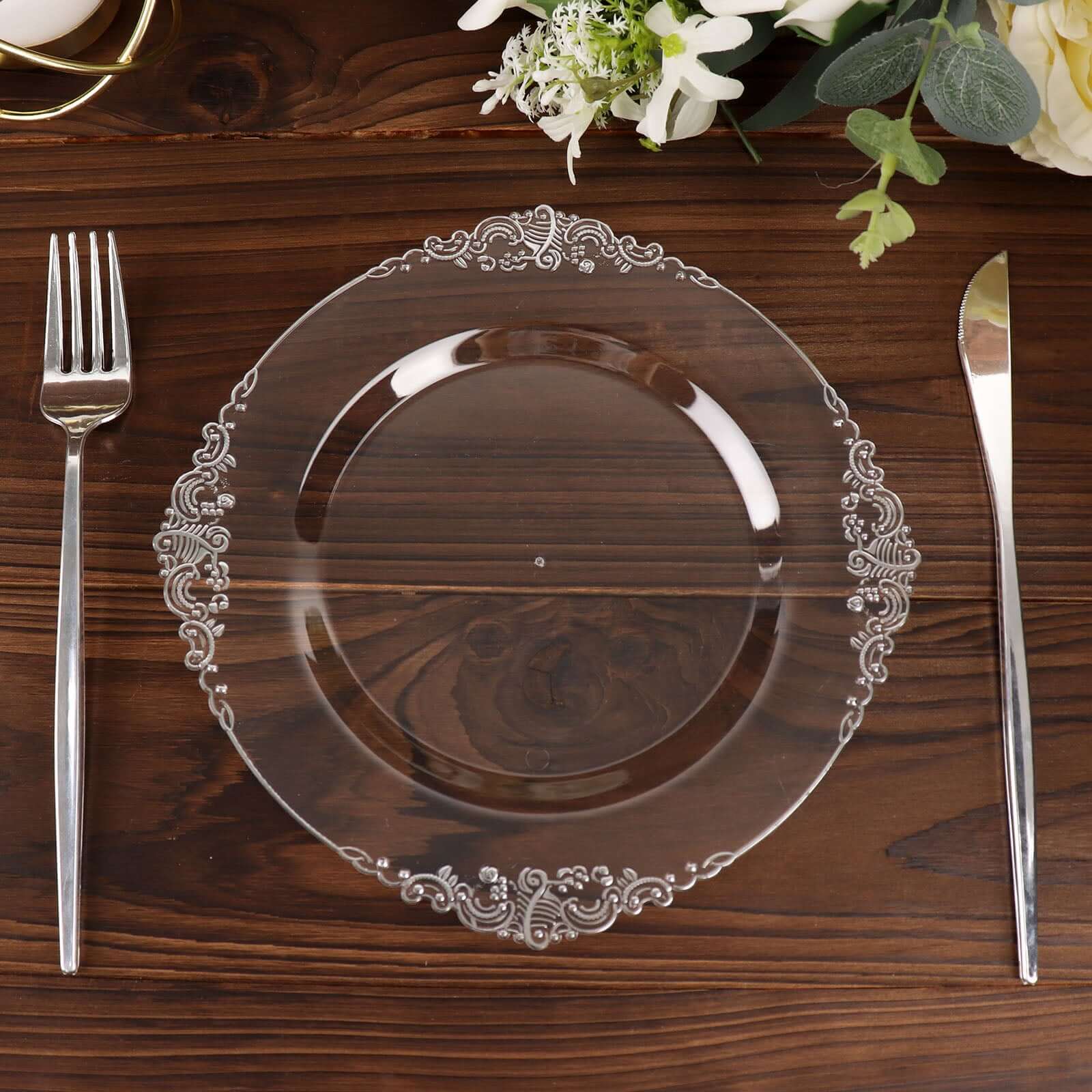 10-Pack Plastic 8 Round Dessert Plates in Clear with Silver Leaf Embossed Rim - Disposable Vintage Baroque Style Salad Plates