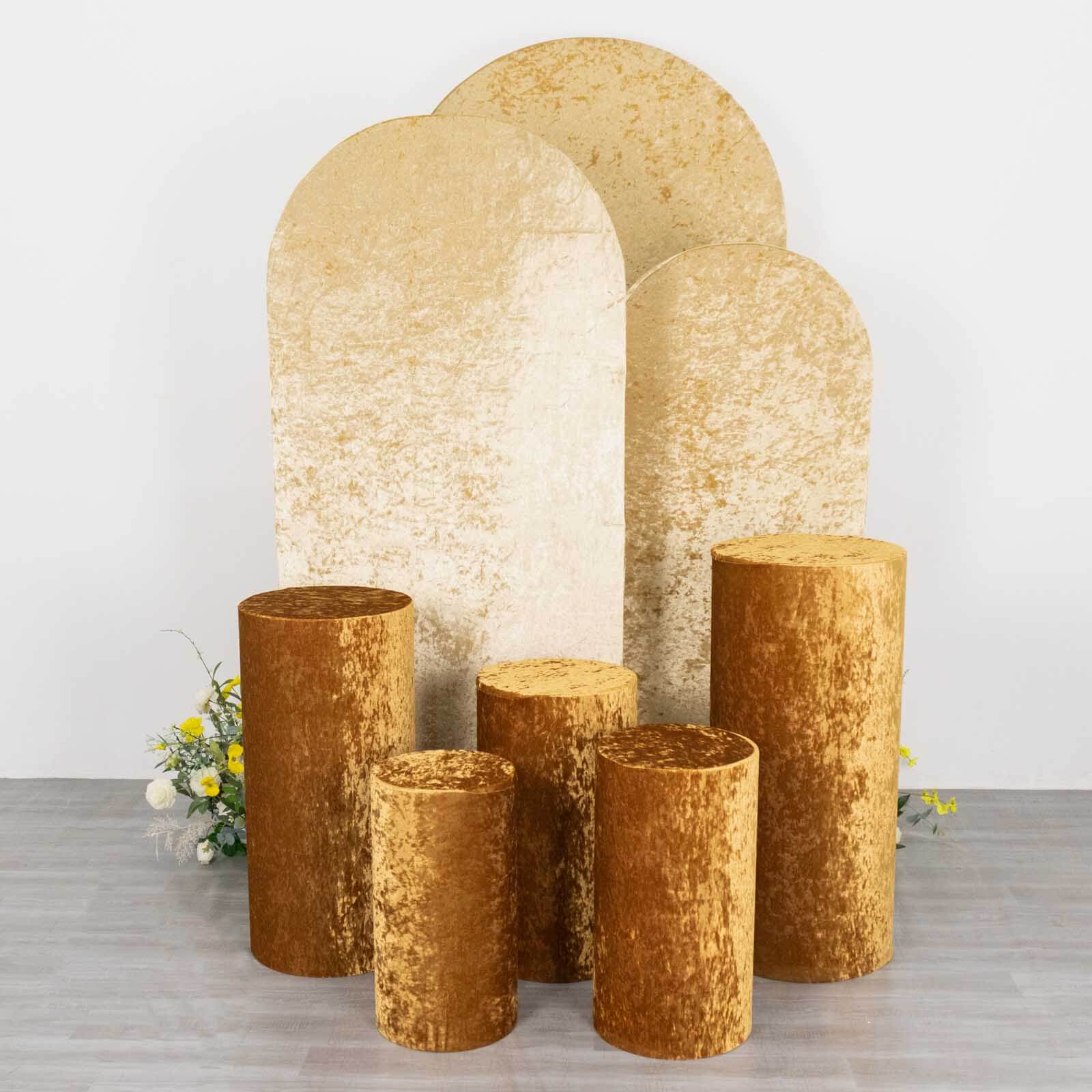 Set of 5 Gold Crushed Velvet Cylinder Pedestal Stand Covers, Premium Pillar Prop Covers