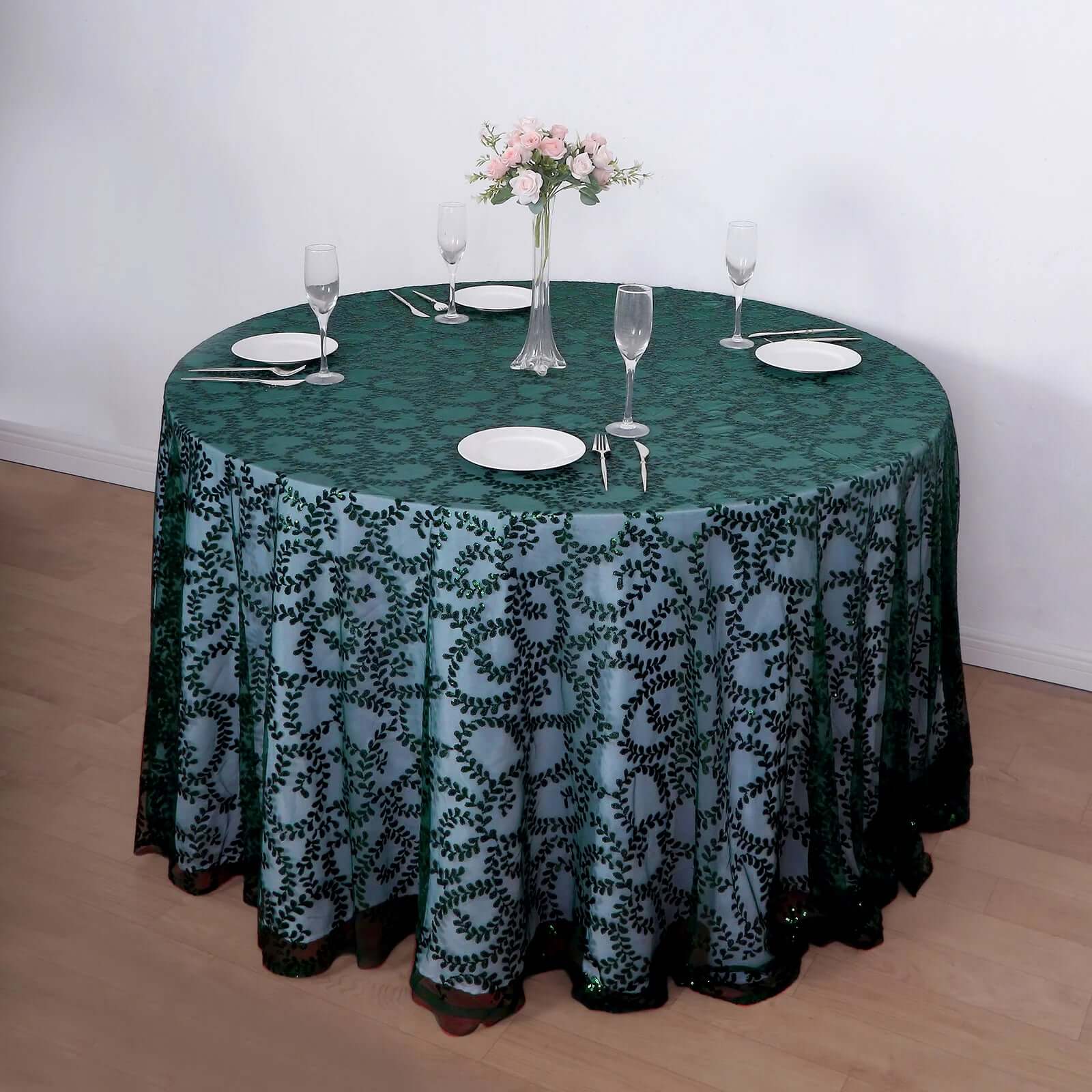 Tulle 120 Round Tablecloth Hunter Emerald Green - Seamless Sequin Leaf Embroidered Table Cover