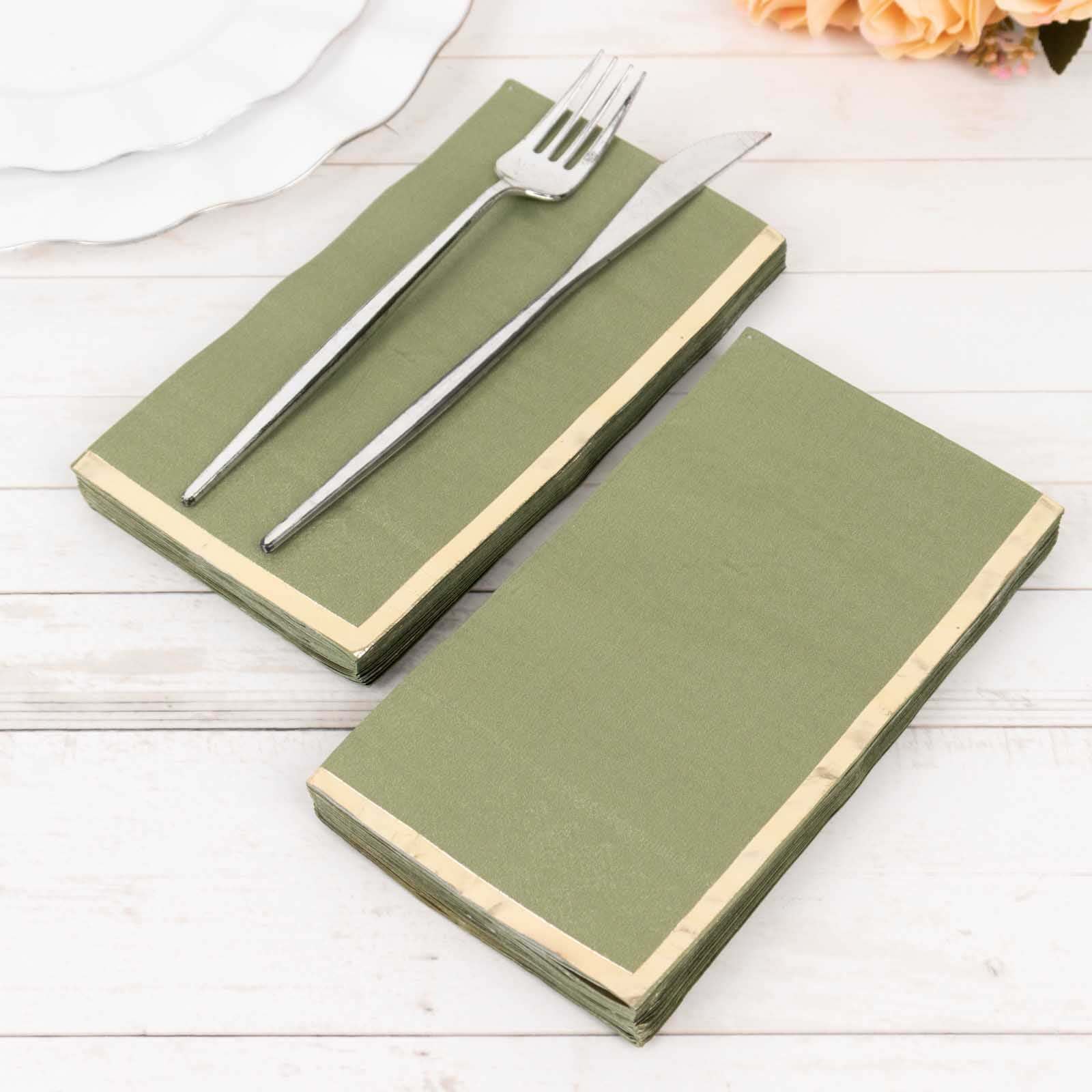 50-Pack Paper Dinner Napkins Olive Green with Gold Foil Edge 2 Ply - Stylish Disposable Napkins