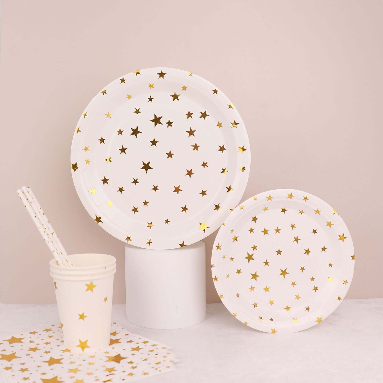 120 Pcs Paper Dinnerware Set White with Gold Stars Design - Disposable Tableware Combo-Pack with Plates, Cups, and Napkins