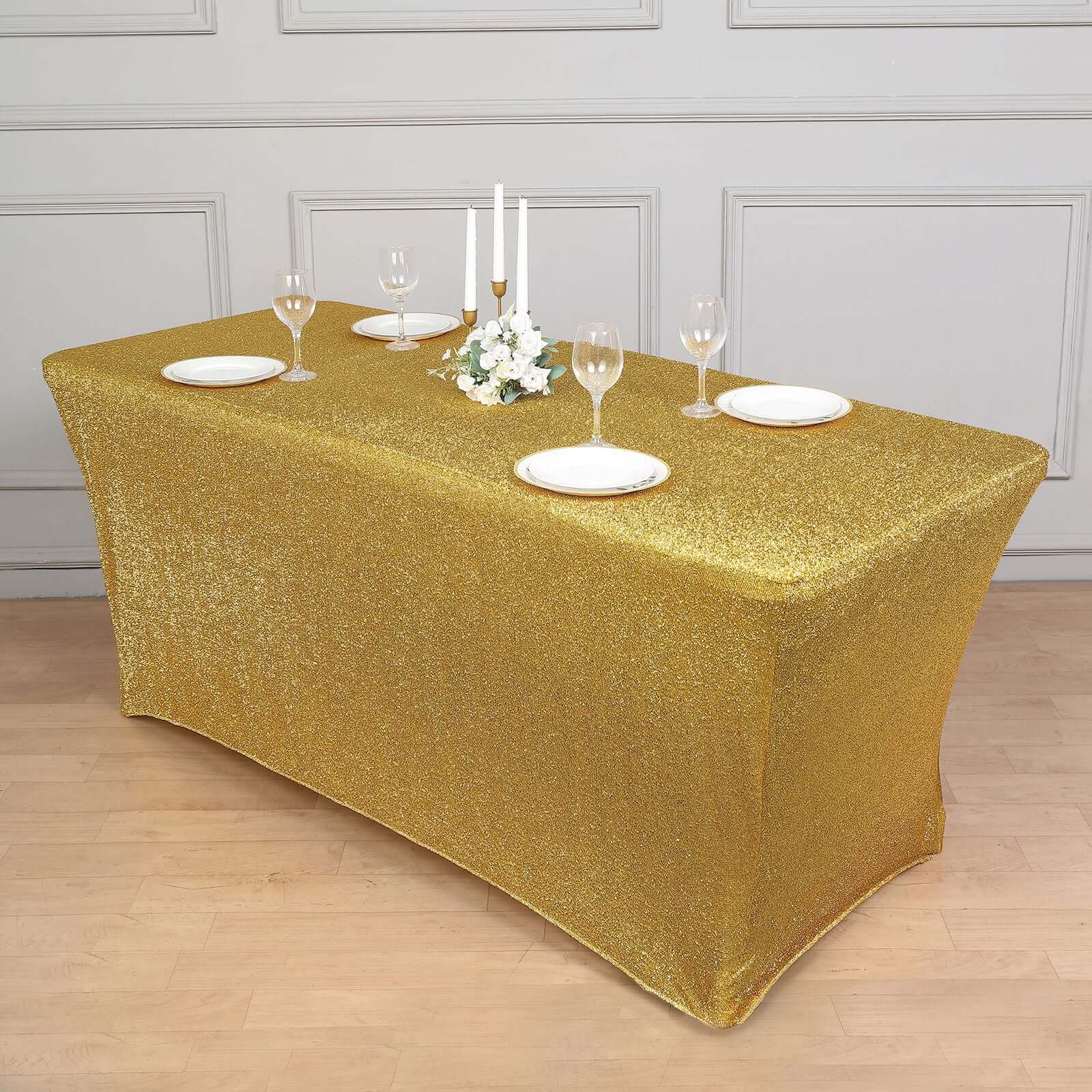 Shimmer Tinsel Spandex 72x30 Rectangle Tablecloth Metallic Gold Glittered Shiny Stretch Table Cover for Gleaming Event Decor