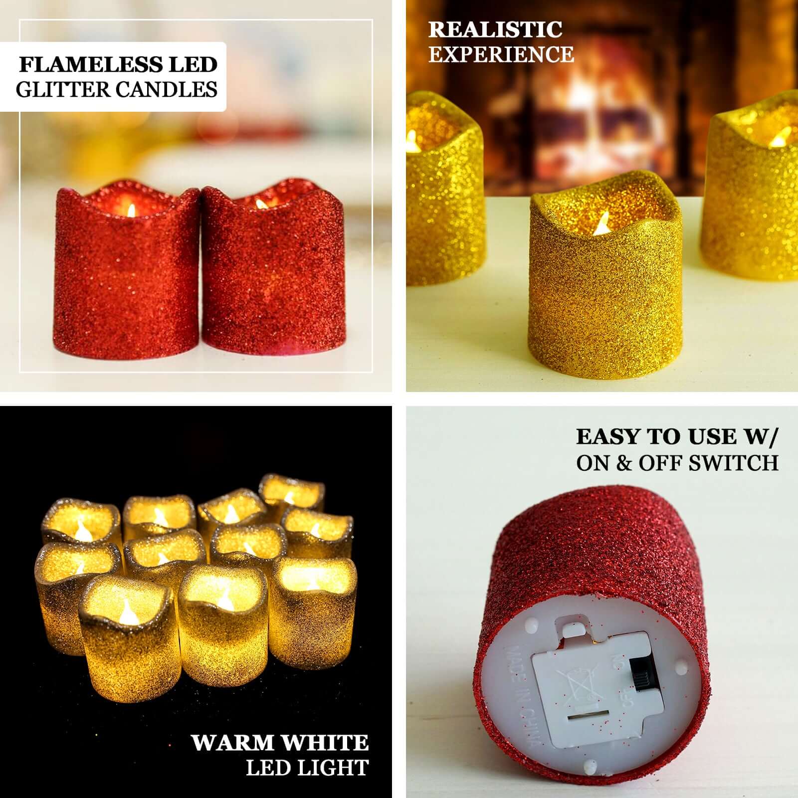 12-Pack LED Votive Candles Glittered Gold Design - Reusable Flameless Battery Operated Lights