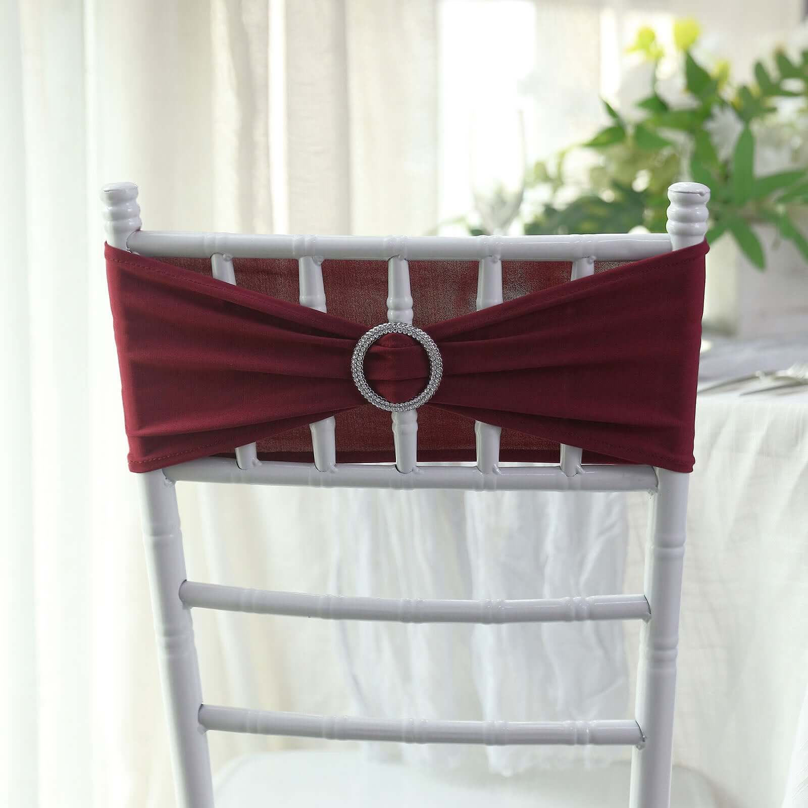 5 Pack Stretch Spandex Chair Sashes Burgundy - Reusable Chair Bands with Silver Diamond Ring Slide Buckle 5x14