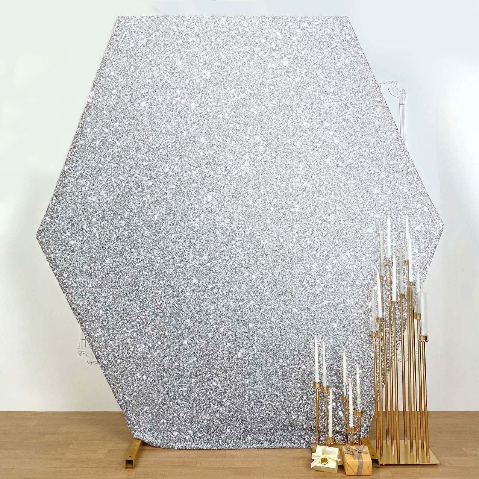 8ftx7ft Silver Metallic Shimmer Tinsel Spandex Hexagon Wedding Arbor Cover, 2-Sided Backdrop