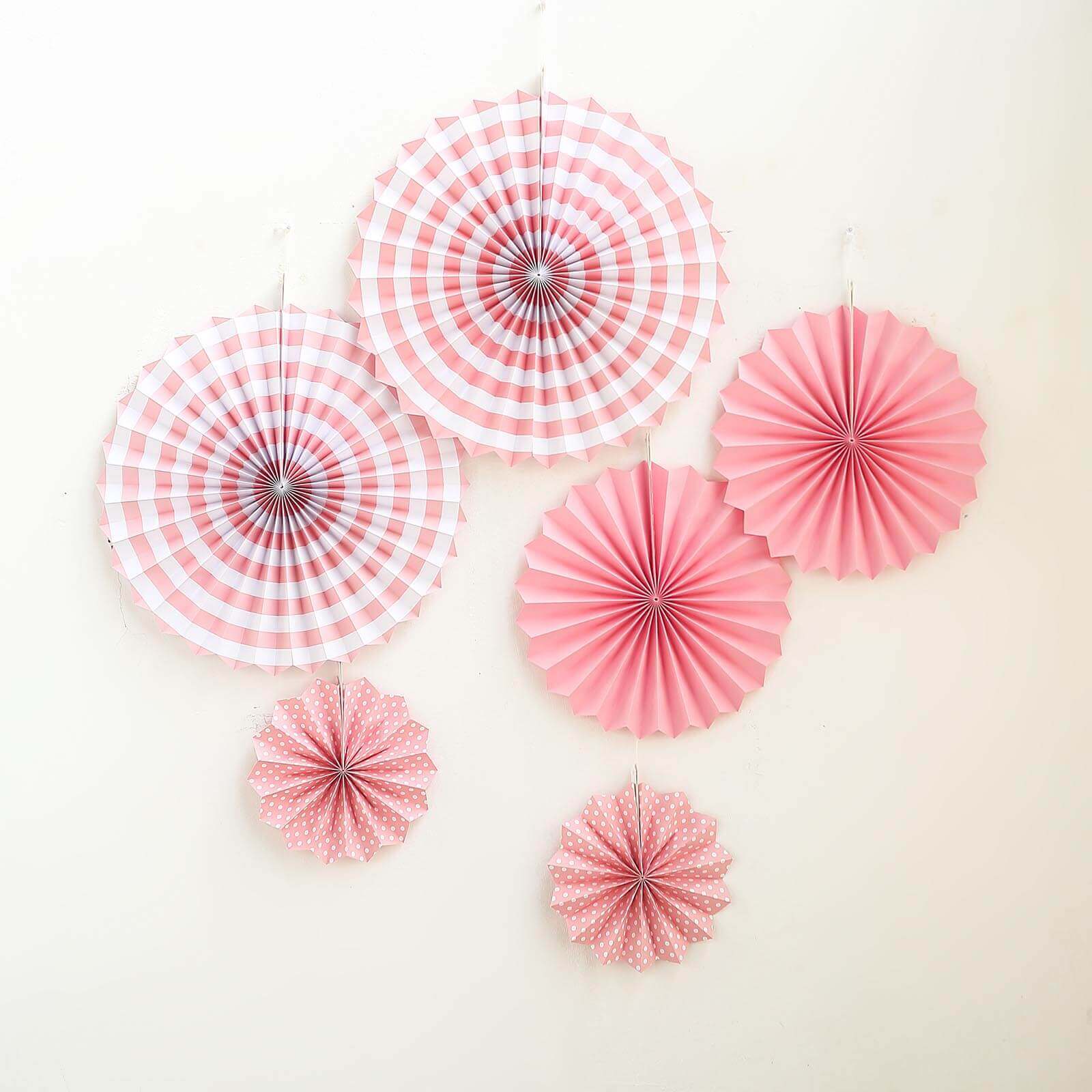 Set of 6 Pink Hanging Paper Fan Decorations, Pinwheel Wall Backdrop Party Kit - 8, 12, 16