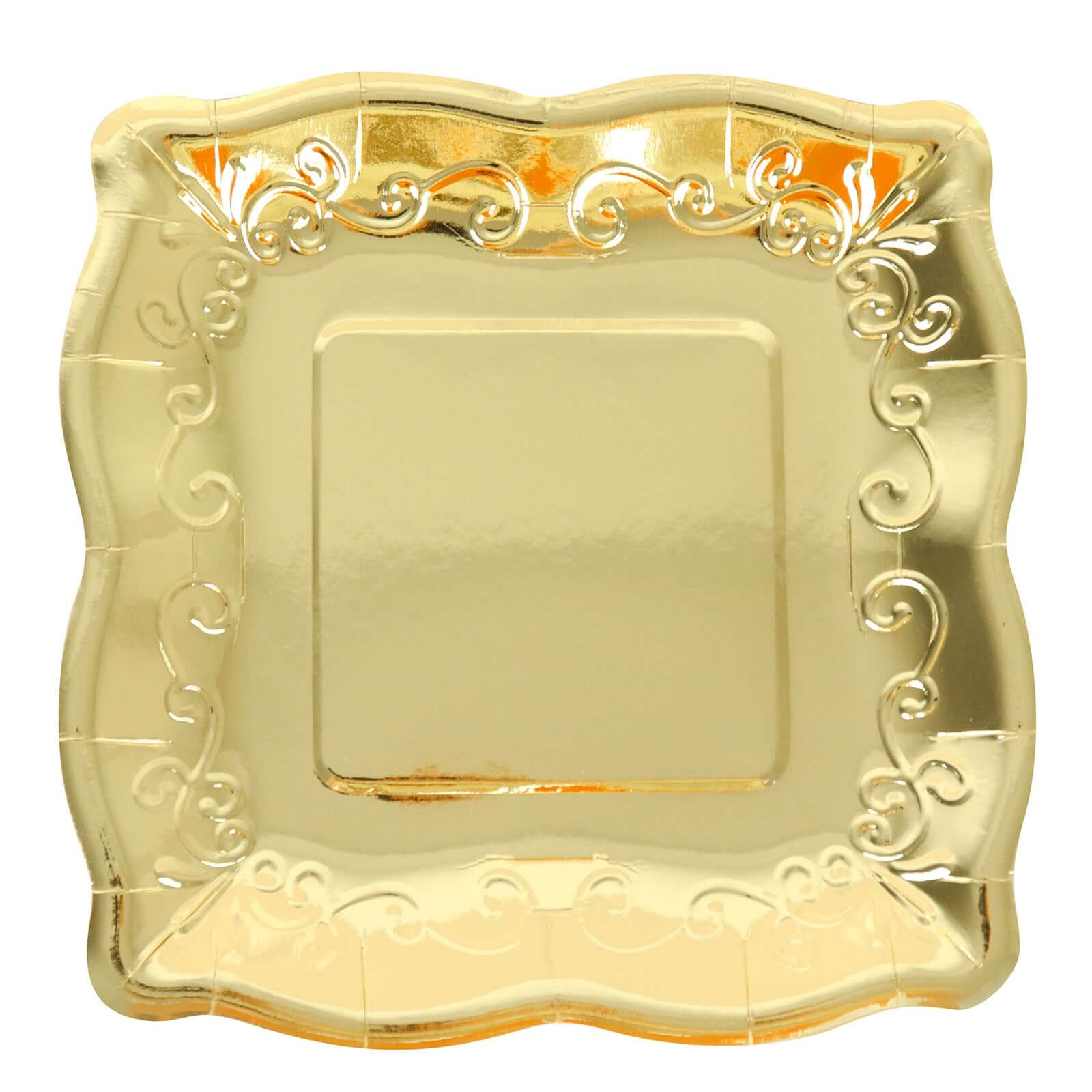 25-Pack Paper 11 Square Dinner Plates in Gold with Vintage Pottery Embossed Design - Shiny Metallic Disposable Serving Plates for Glamorous Dinners & Events