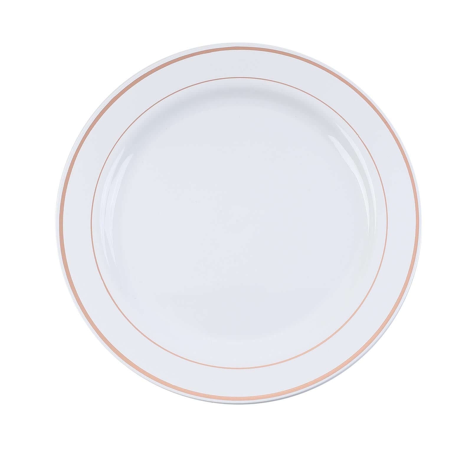 10-Pack Plastic Dinner Plates White with Très Chic Rose Gold Rim - Perfect Disposable Party Plates 10