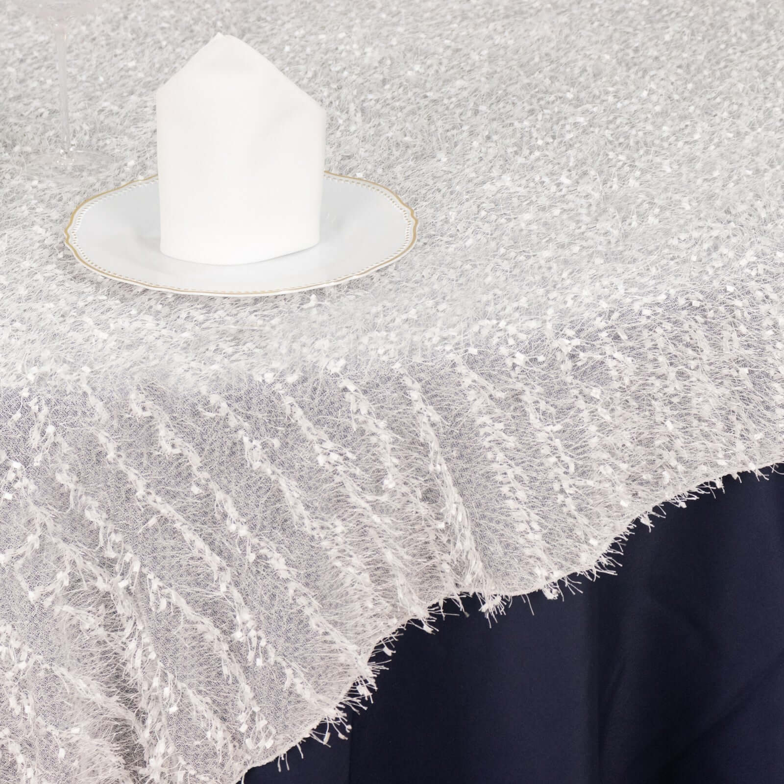 Polyester 72x72 Table Overlay Square Tablecloth White Fringe Shag Design for Stylish Celebrations