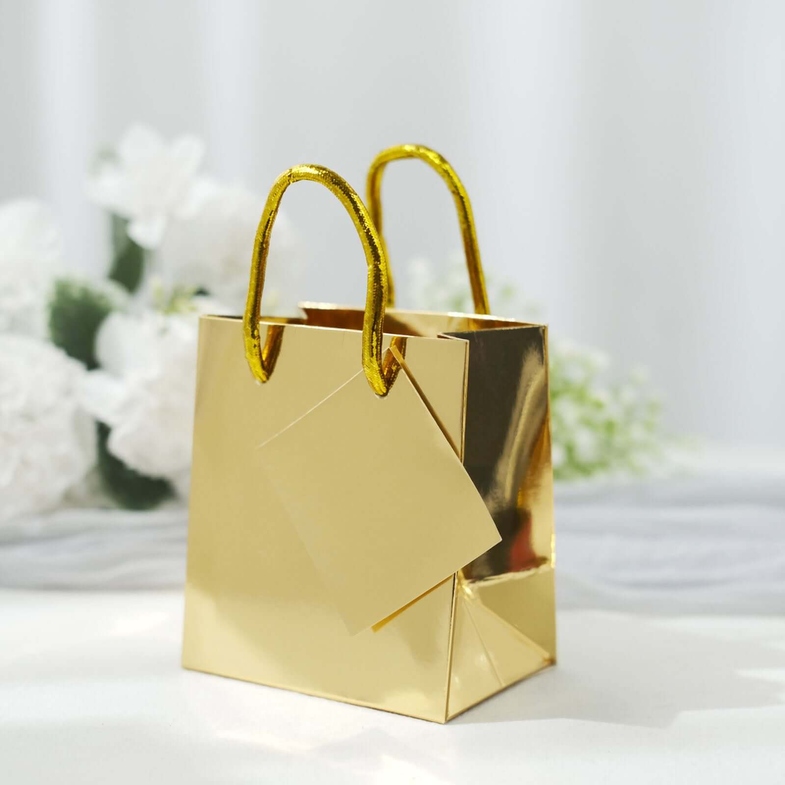 12 Pack 5 Shiny Metallic Gold Foil Paper Party Favor Bags With Handles, Small Gift Wrap Goodie Bags