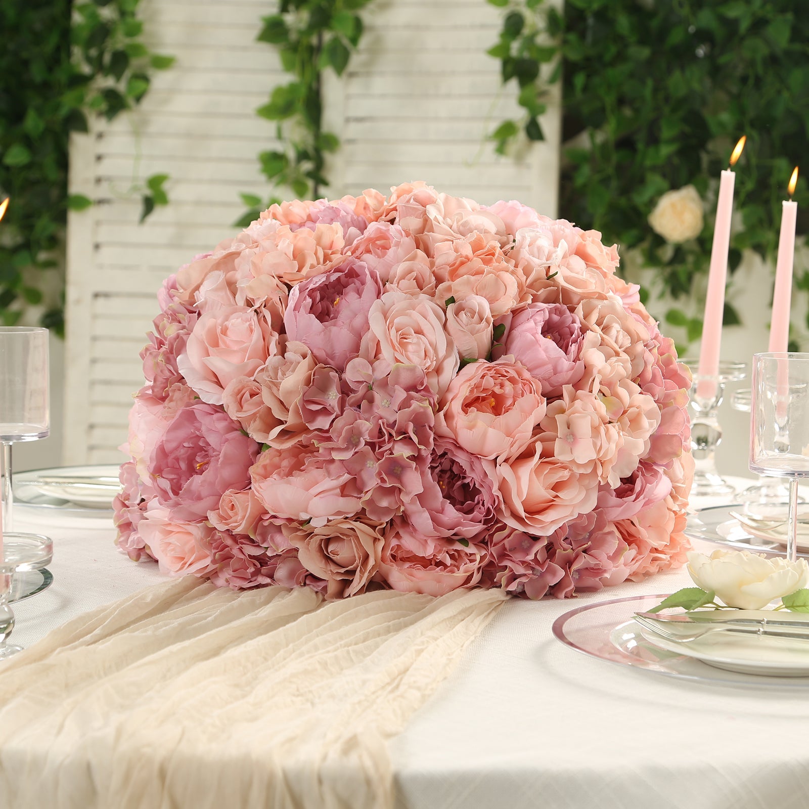 Pre-Arranged Silk Rose Bouquet Floral Arrangement Table Decor, Large Blush Artificial Rose Flower Balls Wedding Centerpieces - 20