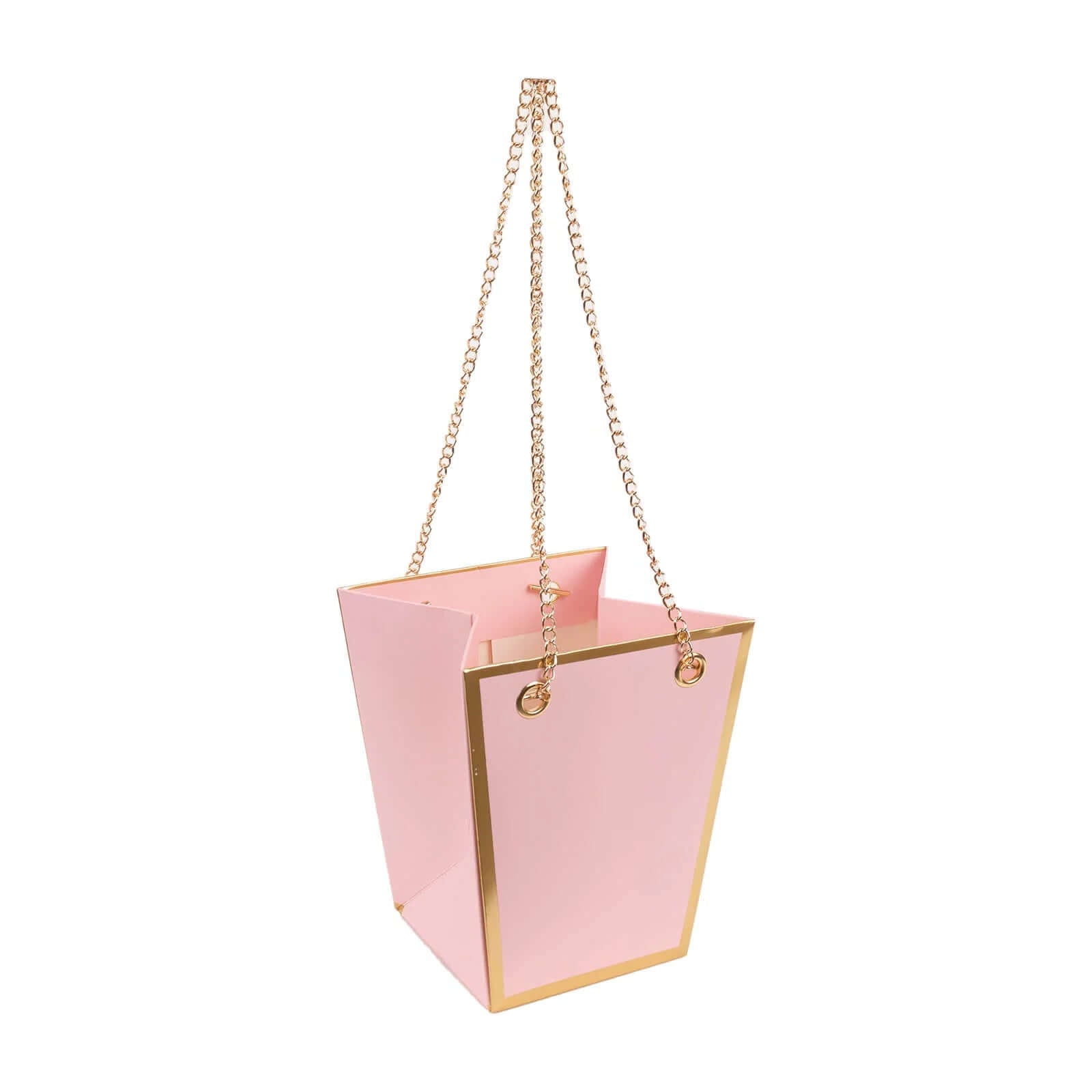 6 Pack Pink Gold Edge Paper Flower Gift Bags With Metal Chain Handles, Trapezoid Party Favor Tote Bags - 5x6