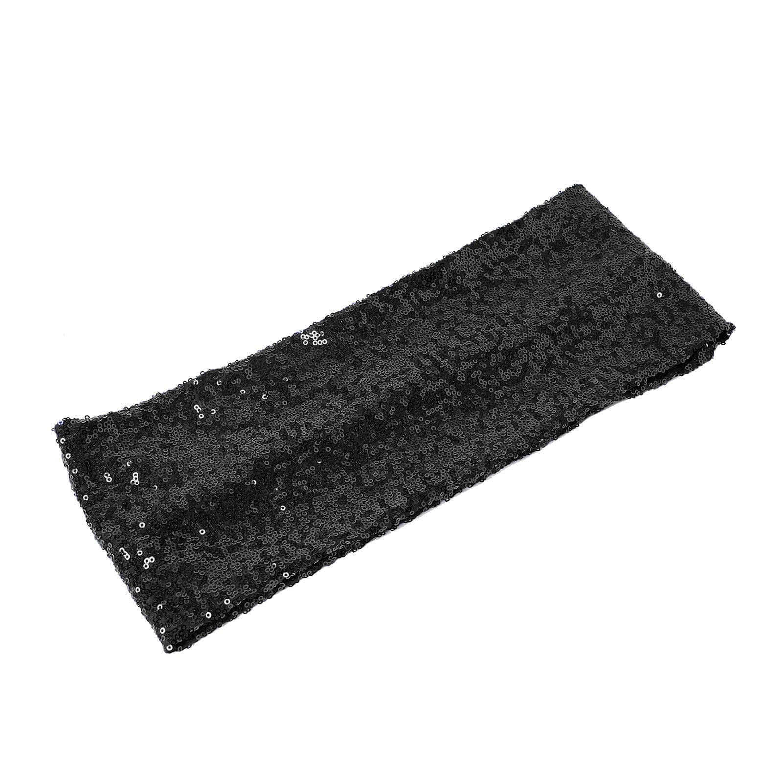 5 Pack Sequin Spandex Chair Sashes Black - Sparkly Stretch Chair Bands for Glamorous Events 6x15