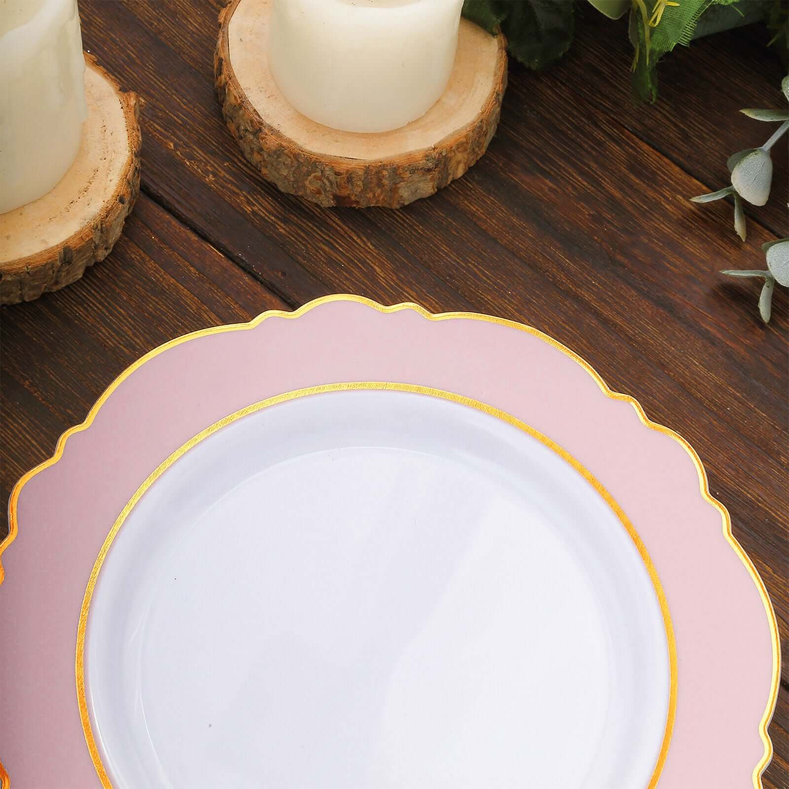 10-Pack Plastic 8 Round Dessert Plates in White with Blush Blossom Design & Gold Edging - Disposable Salad Appetizer Plates