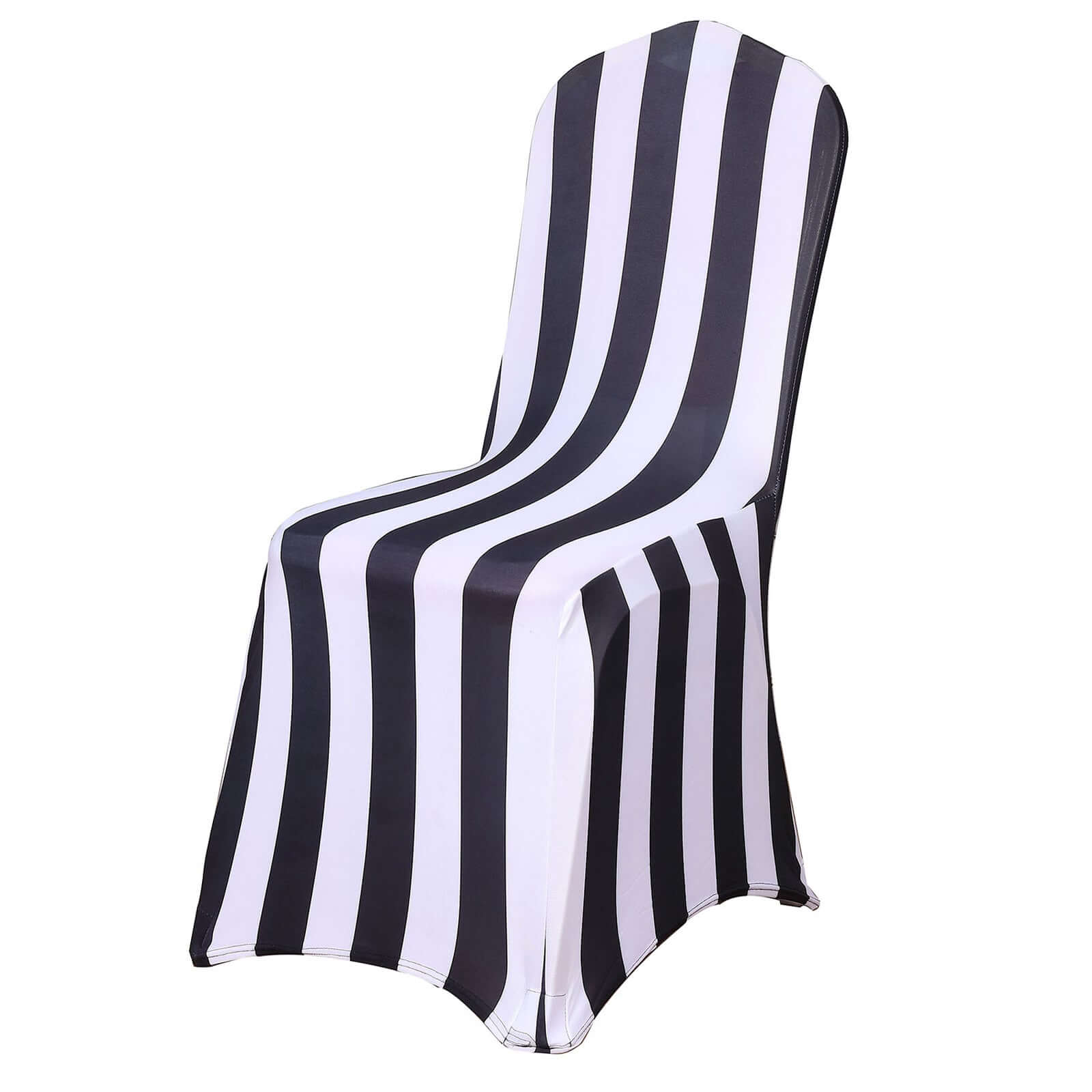 Spandex Chair Cover with Foot Pockets for Banquet Chairs Black/White 2 Stripes - Durable 160GSM Fitted Slipcover for Weddings & Gatherings