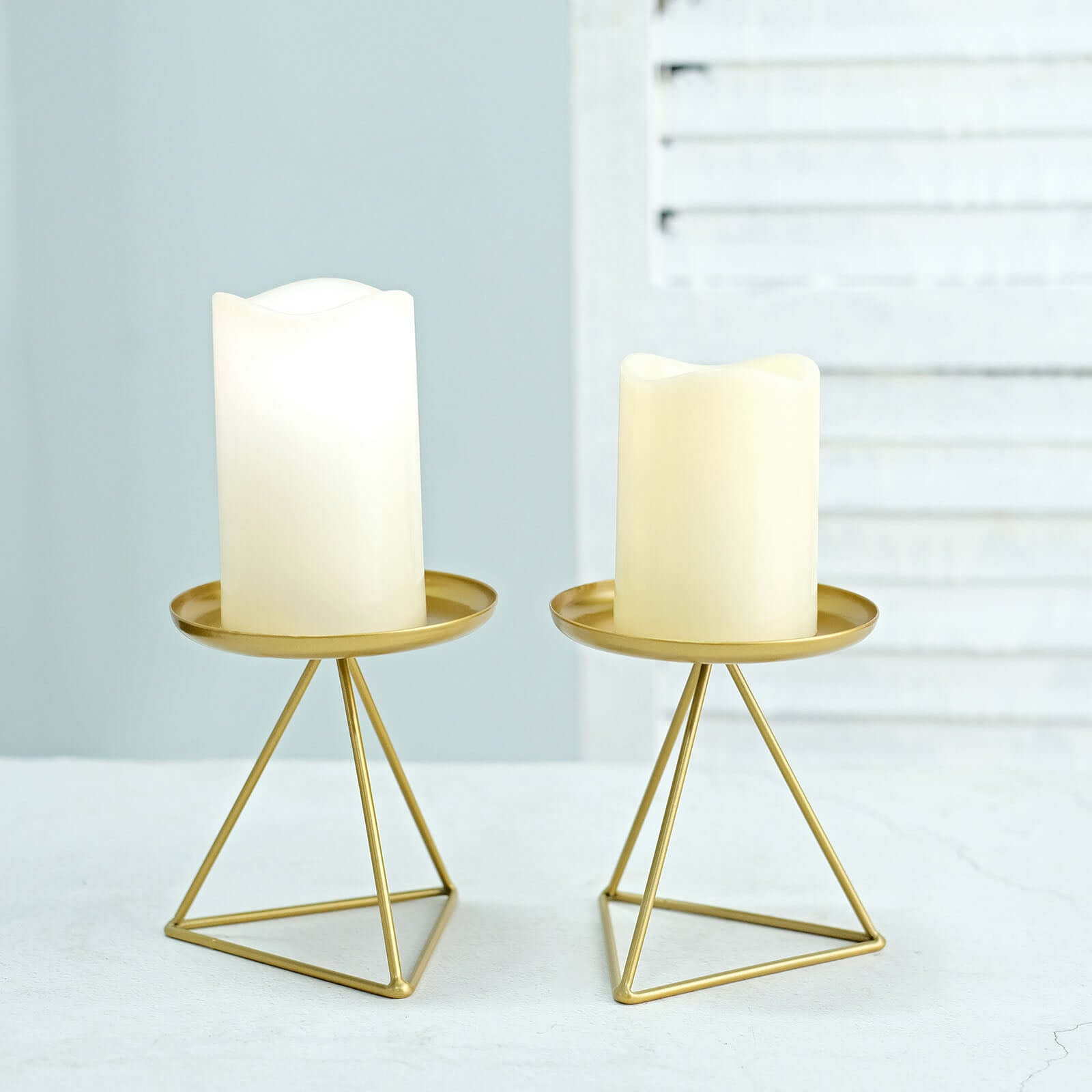 2-Pack Pillar Candle Holders Gold Metal Geometric Triangle Base Design - Decorative Centerpiece 5