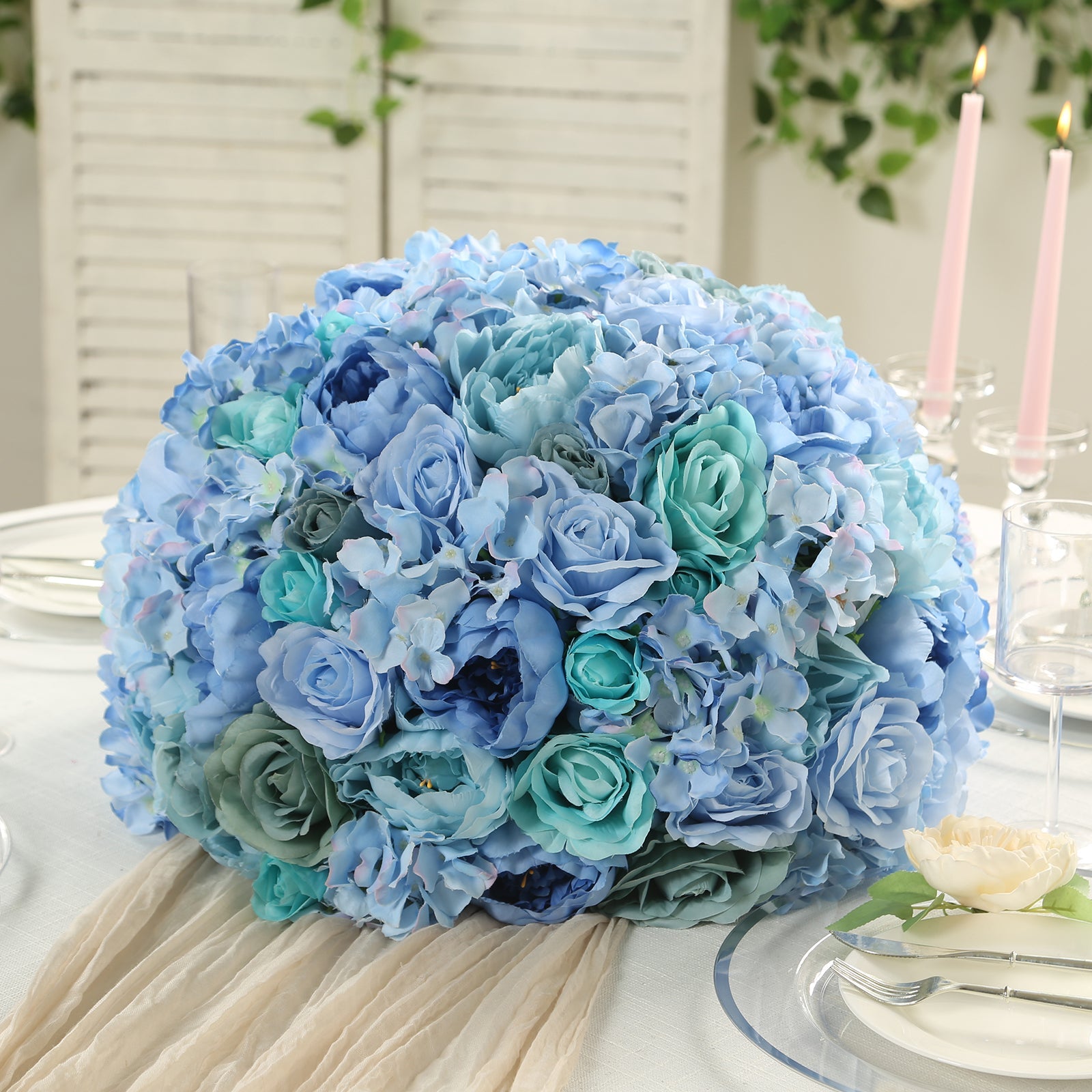 Pre-Arranged Silk Rose Bouquet Floral Arrangement Table Decor, Large Blue Artificial Rose Flower Balls Wedding Centerpieces - 20