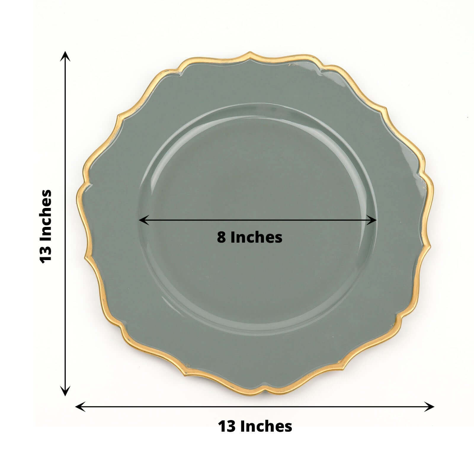 6-Pack Acrylic Round Charger Plates 13 in Olive Green with Gold Scalloped Rim, Decorative Dinner Party Plastic Charger Tableware
