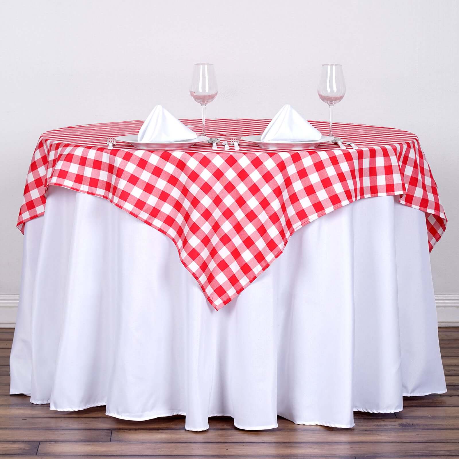 Polyester 54x54 Table Overlay Square Tablecloth White/Red - Checkered Buffalo Plaid Design for Casual Table Settings