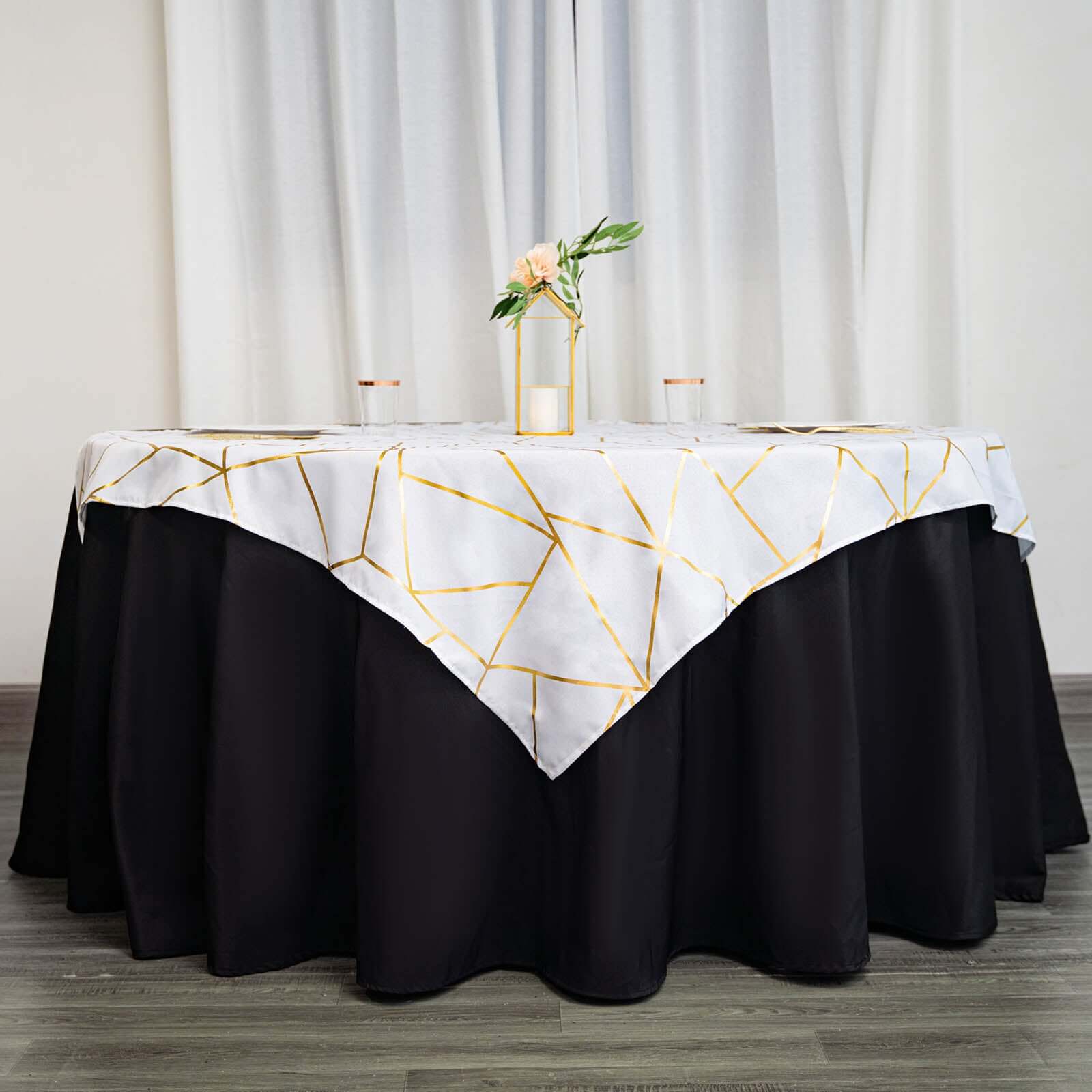 Polyester 54x54 Square Tablecloth White with Gold Foil Geometric Pattern - Wrinkle-Resistant & Durable for Stylish Settings