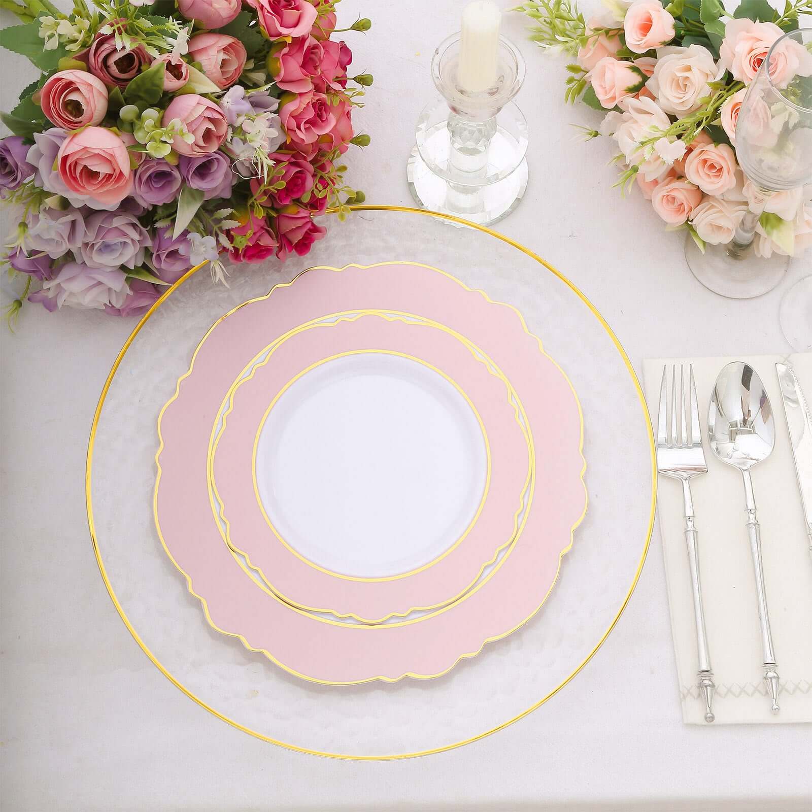 10-Pack Plastic 10 Round Dinner Plates in White with Blush Blossom Design & Gold Edging - Disposable Party Plates