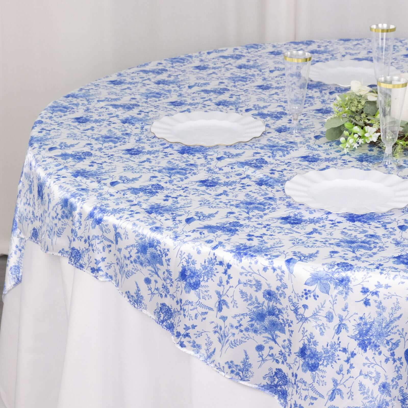 Satin 72x72 Table Overlay Square Tablecloth White Blue - French Toile Floral Design for Stylish Celebrations