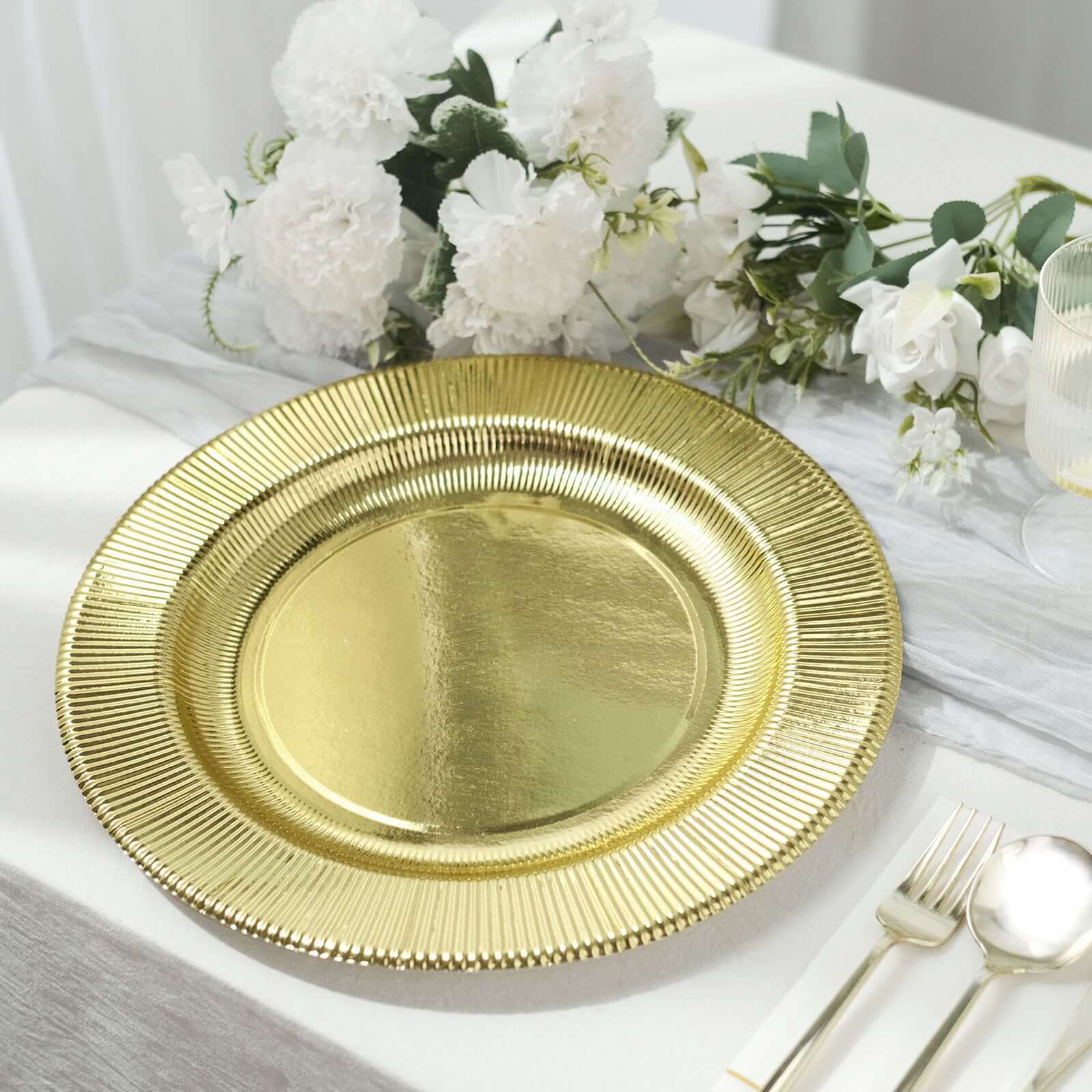 25-Pack Paper 10 Round Dinner Plates in Metallic Gold Sunray Design - Disposable Heavy Duty 350GSM Party Plates